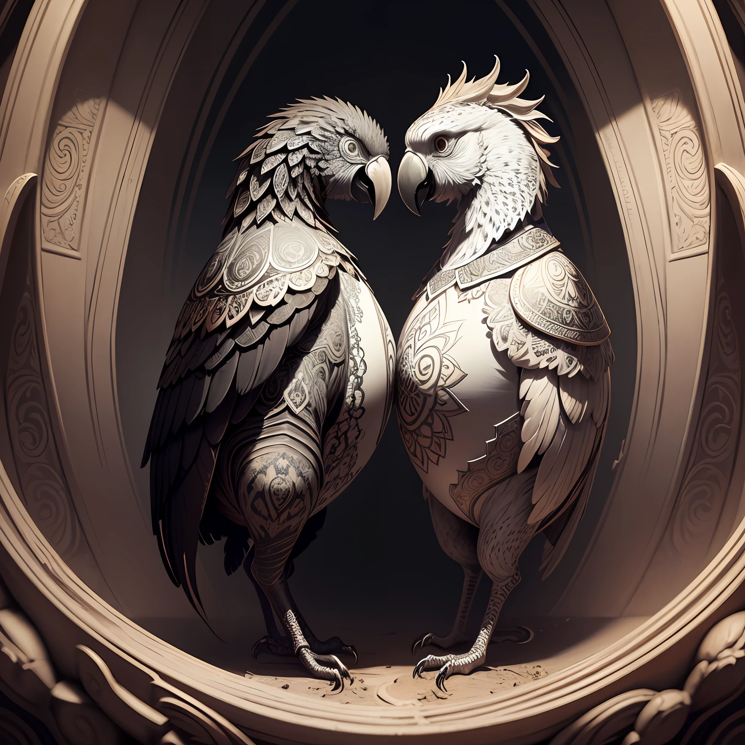 A parrot inside an eggshell，Symmetrical epic fantasy art, detailed fantasy art, Fantasy art Behance, highly detailed fantasy art, detailed fantasy digital art, Detailed fantasy illustration, detailed matte fantasy portrait, fantasy art illustration, an ominous fantasy illustration, epic fantasy illustration, Epic fantasy digital art style, karol bak and peter mohrbacher，high detailed official artwork, Ultra-detailed symbolism, Detailed artwork, full art illustration, mythology artwork, insanely detailed linework, Black and white illustration, Magic machine, shamanic horror lsd art，Alphad image of a woman in a large eggshell, intricate wlop, 4k highly detailed digital art, intricate digital artwork, james jean and wlop, digital intricate art, intricate digital art, intricate digital art, Detailed digital 3D art, intricate digital painting, great digital art with details, Thomas Villatte is intricate, intricate 3 d illustration --auto