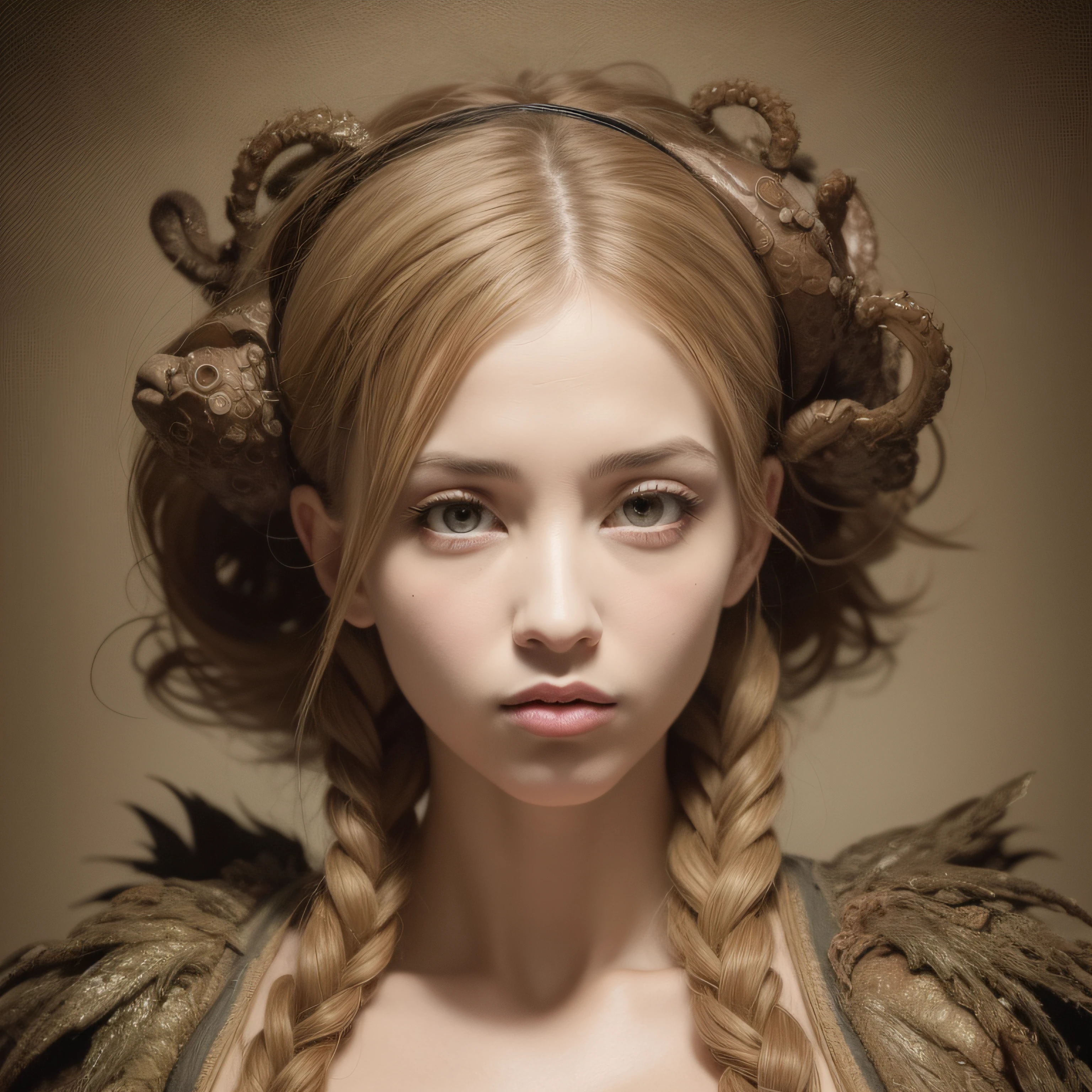 (extremadamente detallado, obra maestra, La mejor calidad), Estilo oscuro, intense illumination, rostro con arrugas, lengua larga, tentacle, deforme, monstruoso, un anciano con Colmillos finos, amenazante. mujer punk. Rococo composition. Luz de caravaggio