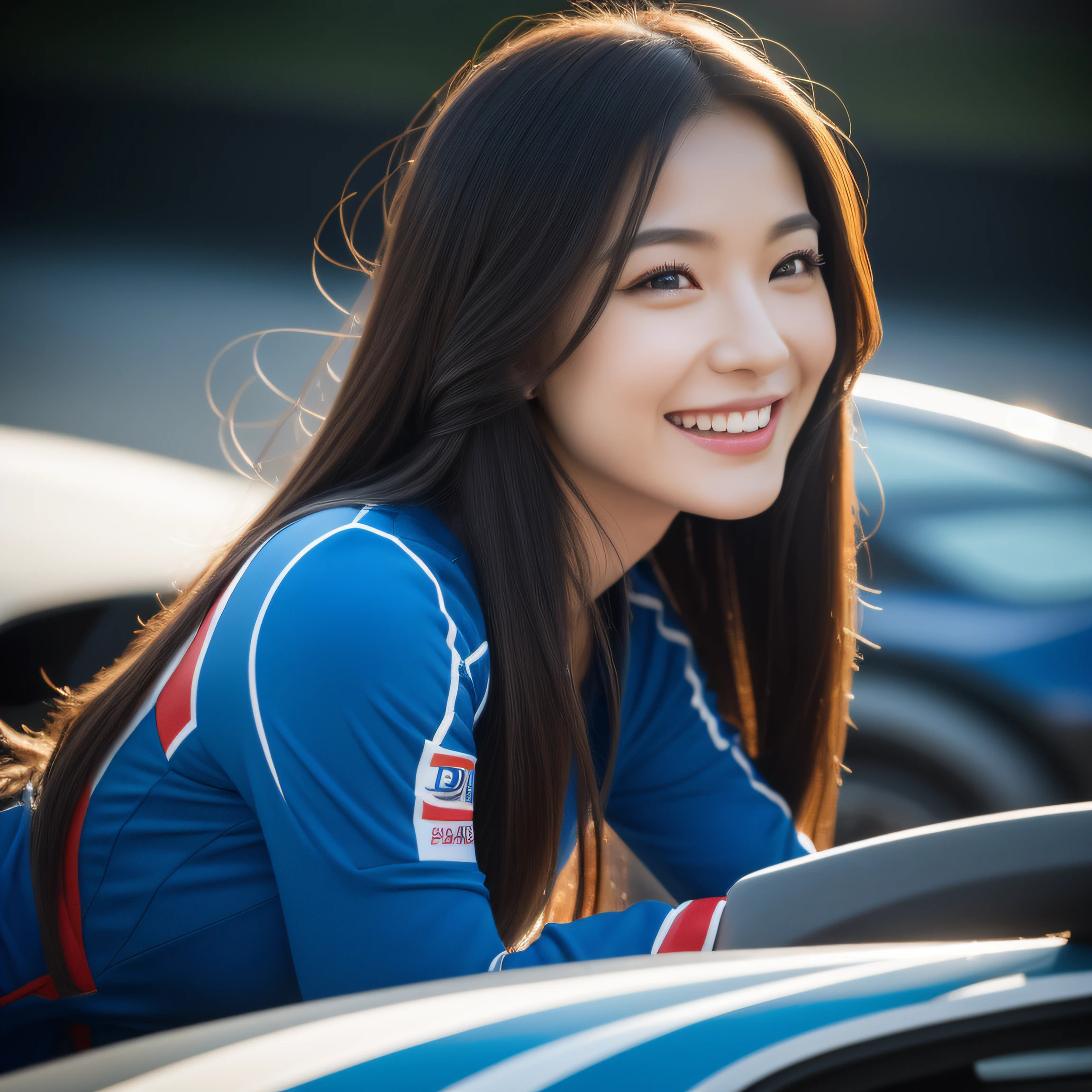 8K, masterpiece, best quality, photo realistic, ultra-detailed, 1 girl, Asian, athletic body, realistic skin texture, long hair, (breasts:1.0), (smile:1.0), gaze at viewer, (form fitting car racing suit), (no helmet), movie lighting, face focus, fine eyes, detailed face, well lit face, day light, red and blue racing cars in background