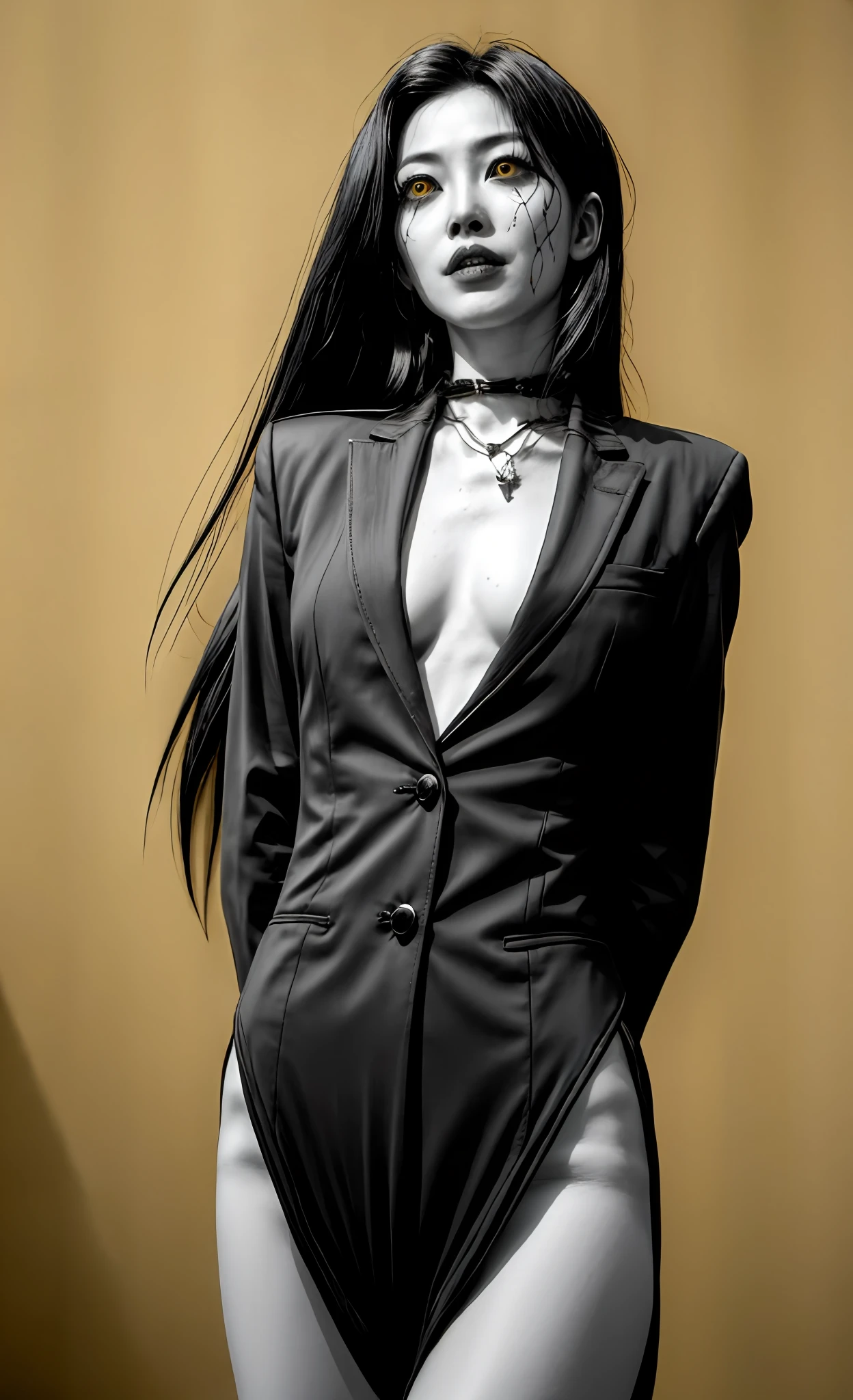 (beste-Qualit), (tmasterpiece), (Gloomy color scheme:1.5), ((Close-up of a girl in a suit)), 1girl in costume, androgynous vampire, junji ito 4 k, with long dark hair, ito junji art, style of junji ito, Dark Costume, portrait of sadako of the ring, Gentle androgynous princess , Beautiful androgynous princess , with her long black hair, girl in suit, (big yellow eyes:1.3), fangs, detailing, (generous cleavage), Burst breasts, extra high resolution, 8K, (The blood on her lips runs down her neck), (Lovely Medium Breasts), perfect anatomy, (Gloomy color scheme:1.5), (shapely body), Microthongs, Beautiful slender legs, white socks, Short socks, sexypose, (Hands Behind Your Back:1.2), (Looking down), (The gaze is directed downwards),