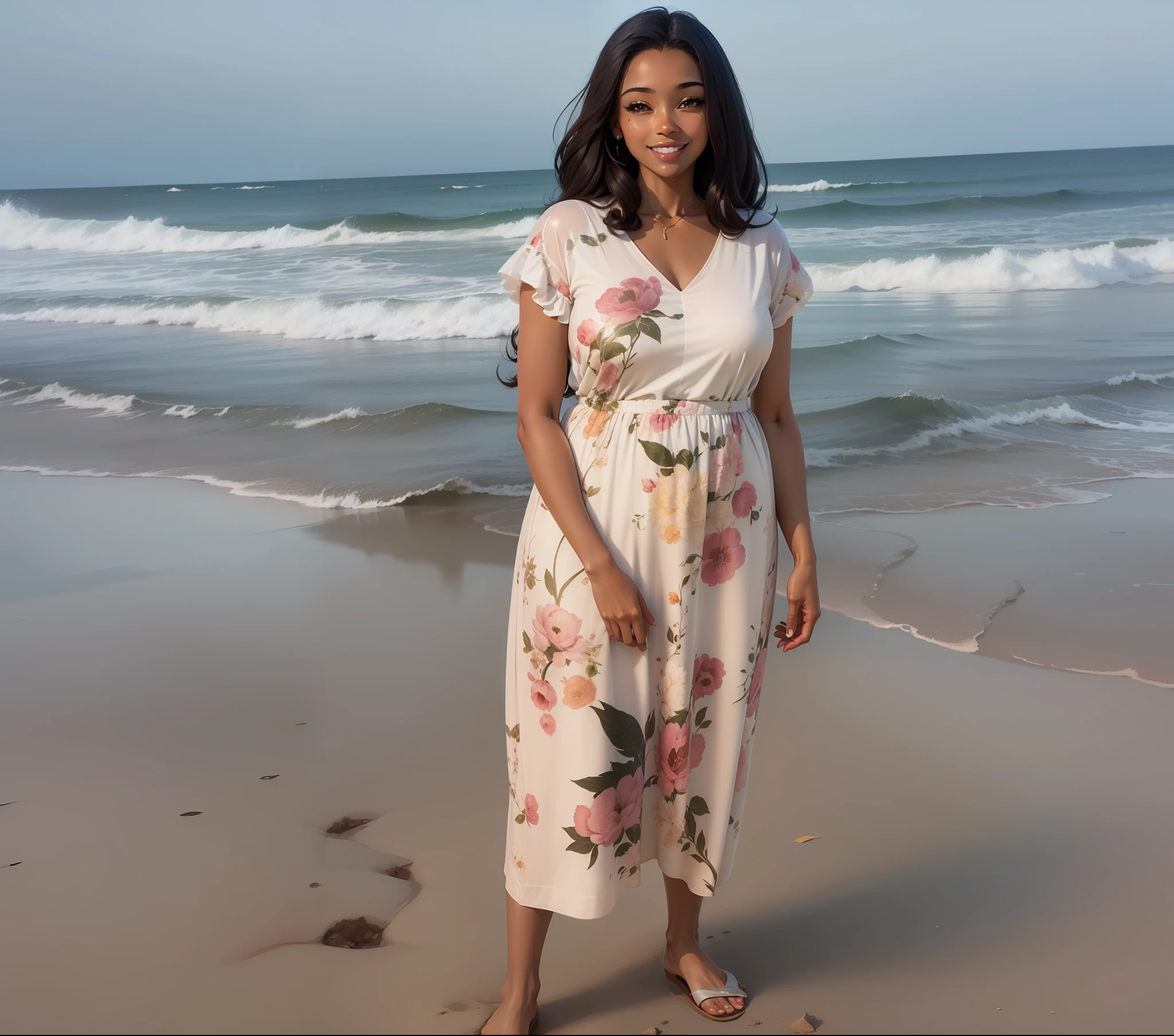 Cute, elegant, female anime character, brown skin, smiling
