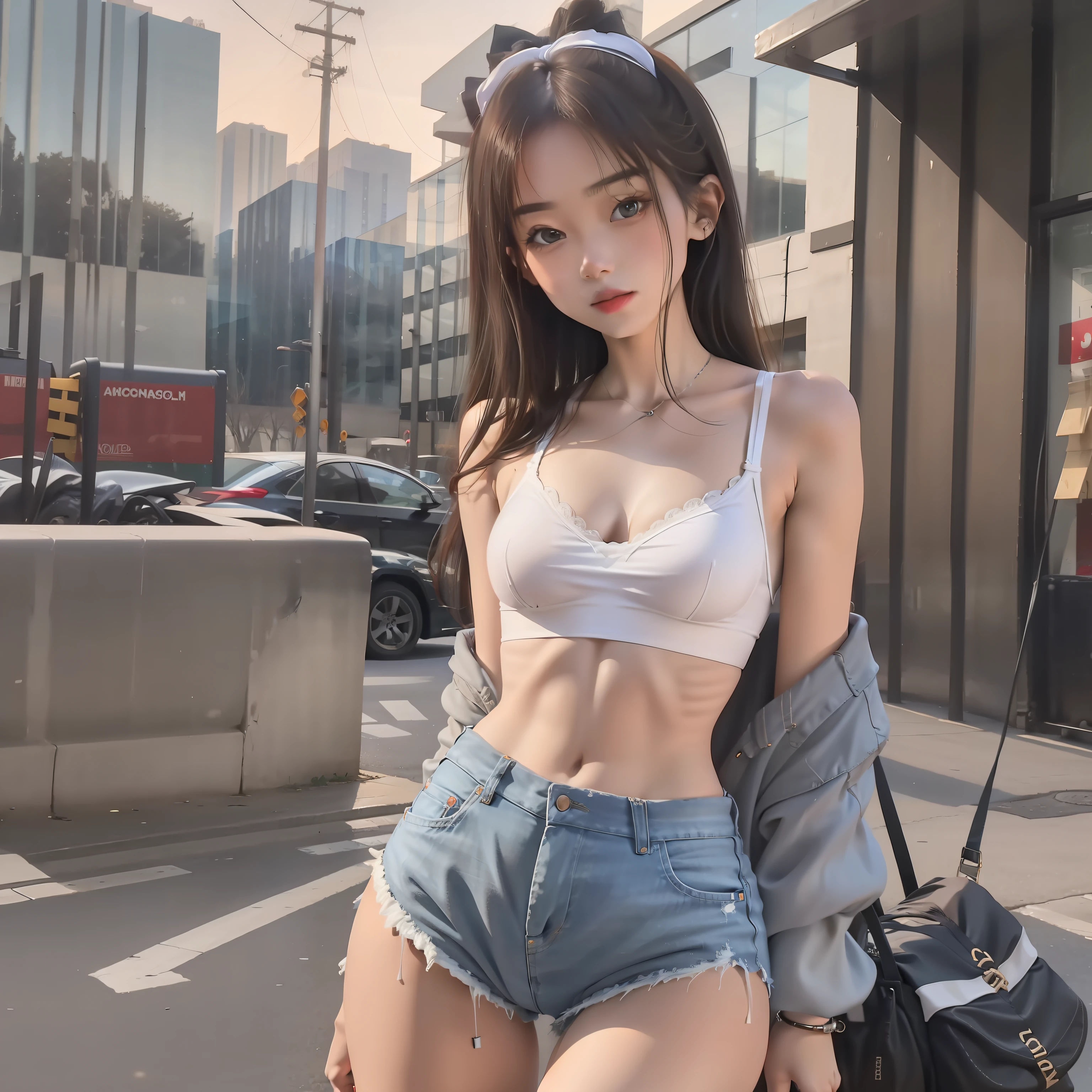 A girl in a white bra and skinny denim shorts poses for a photo,(The upper part of the body),(Street attire),(Slim body),(little breast),(Slim girls),(20yr old)