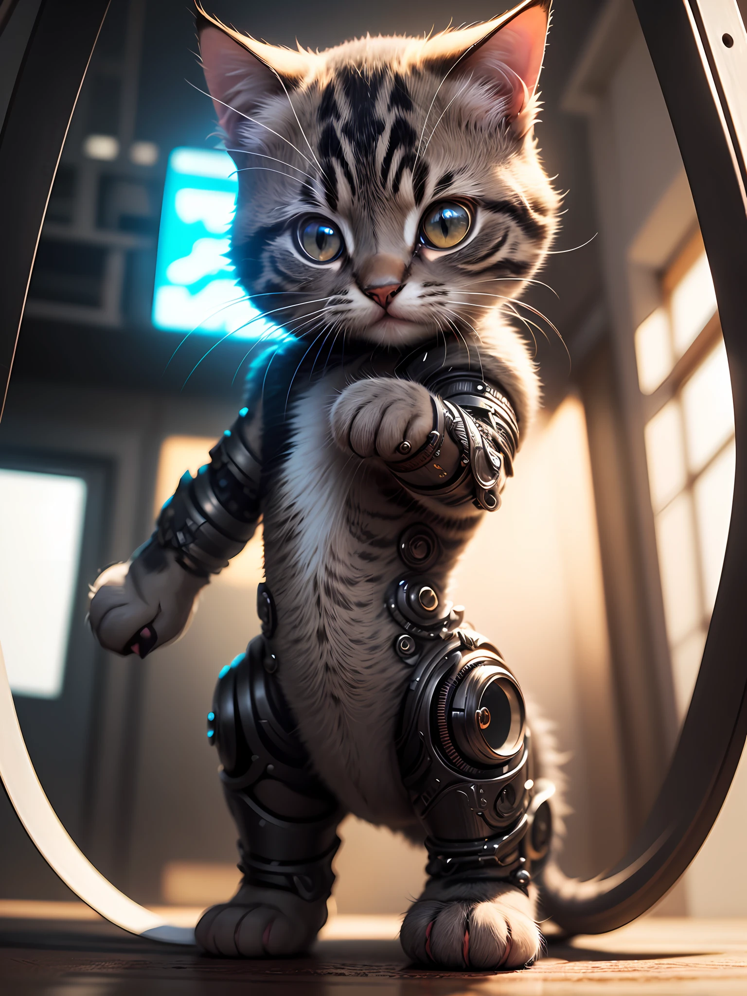A cute kitten made of metal, (cyborg:1.1), ([tail|detailed wire]:1.3), (intricate detail), hdr, (intricate detail, hyperdetailed:1.2), cine footage, halo shadow, centered --auto