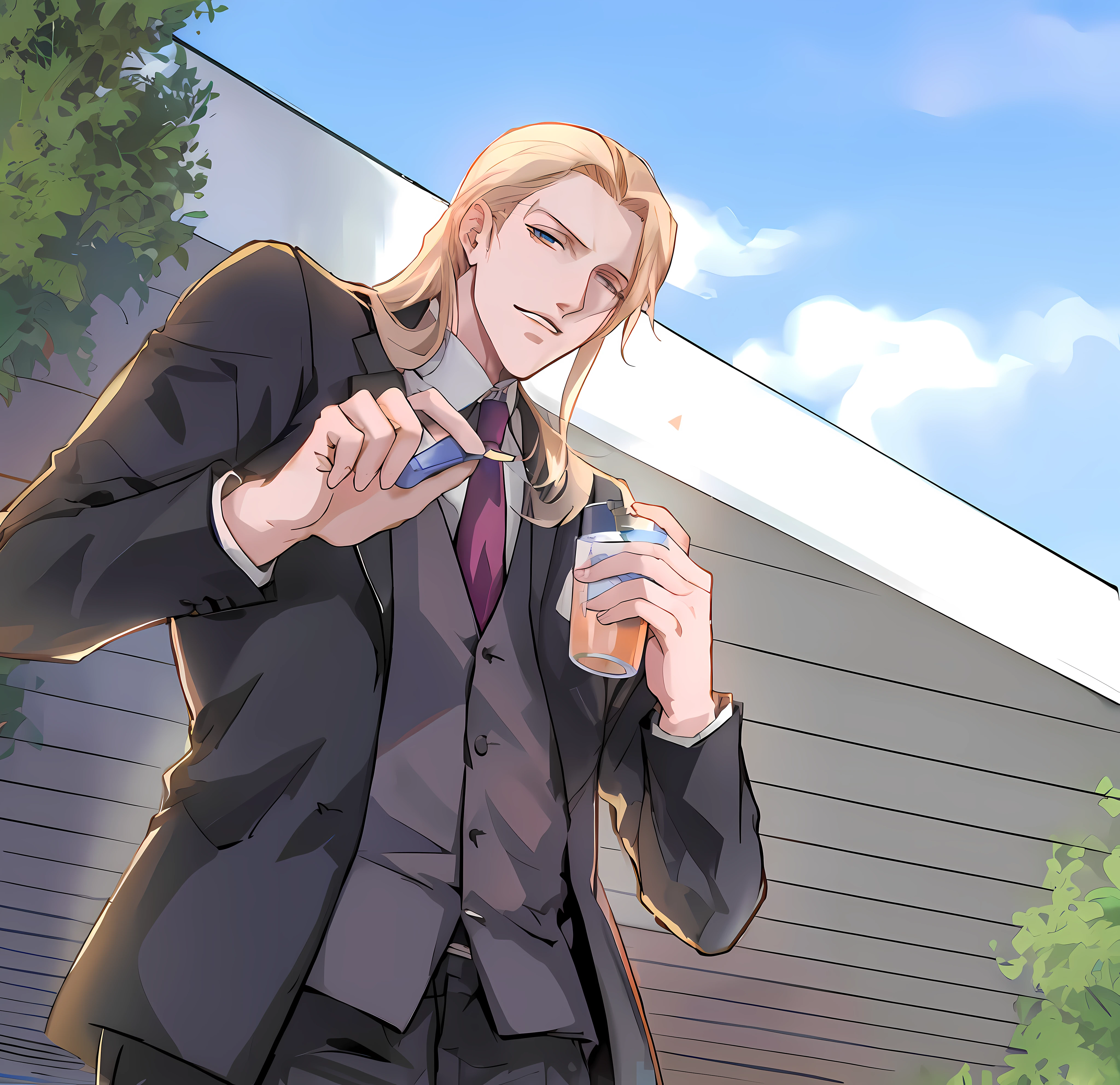 Anime image of a man in a suit holding a drink,(whaite hair:1.5),johan liebert, johan liebert mixed with alucard, joe biden as an anime villain, johan liebert mixed with dante, xqc, Handsome anime pose, official fanart, anime joe biden, digital art from danganronpa, Anime handsome man, offcial art, handsome guy in demon killer art