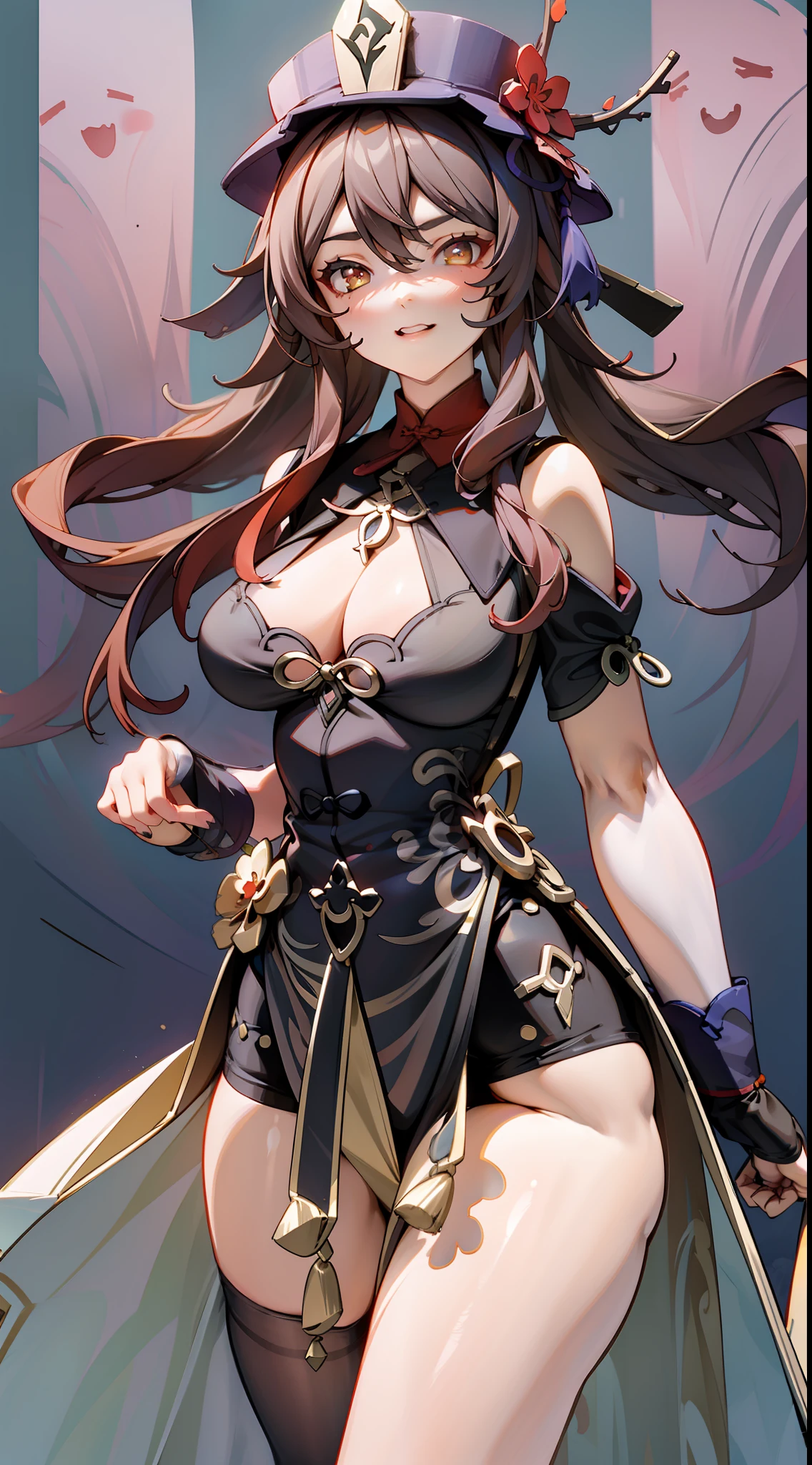 hu tao(Genshin Impact),gradient backgrounds,Comic cover style,Premium comic titles,Expose abs,Slim figure,cropped shoulders,huge tit,White dress at the bottom,Mesh garment,Fleshy thighs,Below the waist are mesh stockings,Masterpiece,hyper-detailed face,Deep rendering