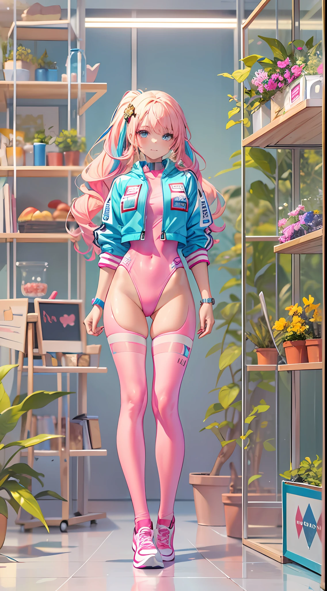 ((Masterpiece)), best quality, absurderes, ultra detailed, holographic, cowboy shot, dynamic pose, golden ratio, super cute girl, mature girl, Barbie girl, idol girl, super beautiful girl with very beautiful blue eyes, beautiful glowing blonde multicolored hair, high ponytail, nice and sexy body, slim body, perfect body, wearing a super tight and pink leotard, a super aesthetic pink translucent mini jacket, beautiful pink hair ornament, pink jordan tennis, being photographed in a doll house