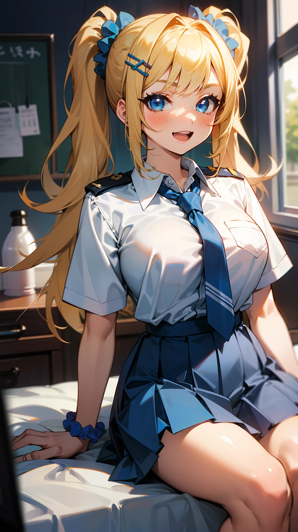 animes with pretty girl girls in uniform poses on bed on computer desk, scrunchie, 1girl, wrist scrunchie, breasts, hair scrunchie, blue eyes, solo, blonde hair, looking at viewer, large breasts, smile, skirt, twintails, open mouth, necktie, shirt, school uniform, white shirt, hair ornament, blush, sitting, bangs, collared shirt, short sleeves, blue scrunchie, pleated skirt, blue skirt