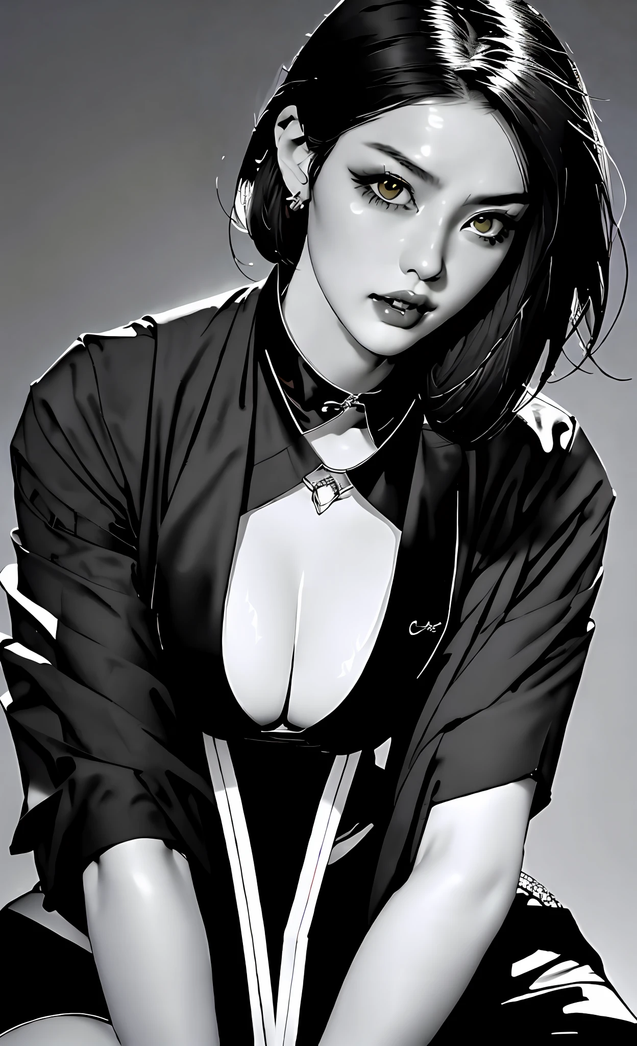 (beste-Qualit), (tmasterpiece), (Gloomy color scheme:1.5), ((Close-up of a girl in a suit)), 1girl in costume, androgynous vampire, junji ito 4 k, with long dark hair, ito junji art, style of junji ito, Dark Costume, portrait of sadako of the ring, Gentle androgynous princess , Beautiful androgynous princess , with her long black hair, girl in suit, (big yellow eyes:1.3), fangs, detailing, (generous cleavage), Burst breasts, extra high resolution, 8K, (The blood on her lips runs down her neck), (Lovely Medium Breasts), perfect anatomy, (Gloomy color scheme:1.5), (shapely body), Microthongs, Beautiful slender legs, white socks, Short socks, sexypose, (Hands Behind Your Back:1.2), (Looking down), (The gaze is directed downwards),