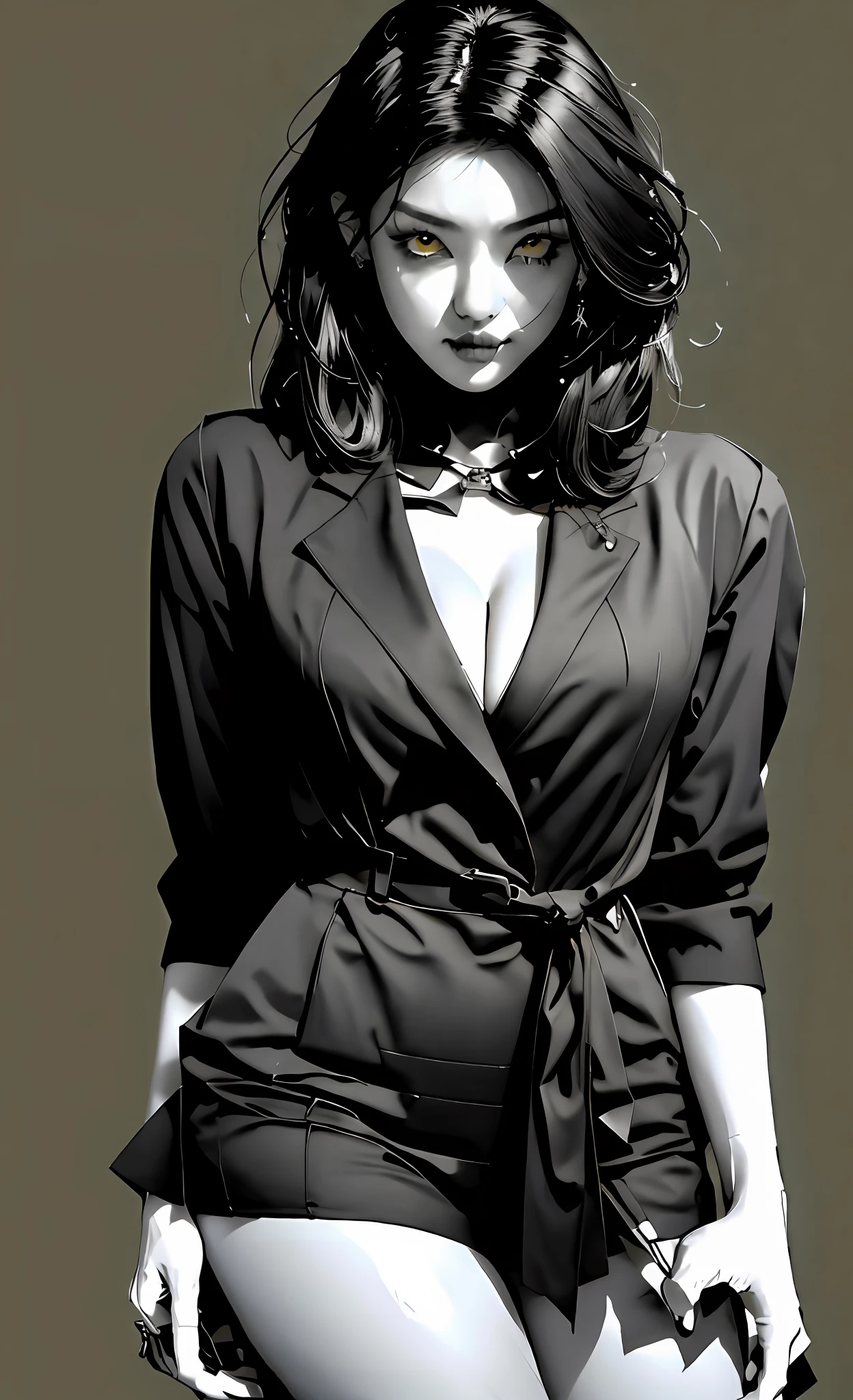 (beste-Qualit), (tmasterpiece), (Gloomy color scheme:1.5), ((Close-up of a girl in a suit)), 1girl in costume, androgynous vampire, junji ito 4 k, with long dark hair, ito junji art, style of junji ito, Dark Costume, portrait of sadako of the ring, Gentle androgynous princess , Beautiful androgynous princess , with her long black hair, girl in suit, (big yellow eyes:1.3), fangs, detailing, (generous cleavage), Burst breasts, extra high resolution, 8K, (The blood on her lips runs down her neck), (Lovely Medium Breasts), perfect anatomy, (Gloomy color scheme:1.5), (shapely body), Microthongs, Beautiful slender legs, white socks, Short socks, sexypose, (Hands Behind Your Back:1.2), (Looking down), (The gaze is directed downwards),