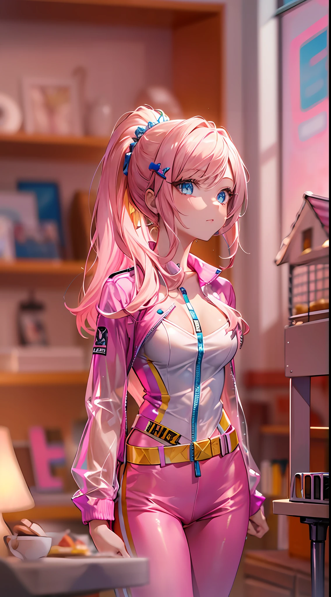 ((Masterpiece)), best quality, absurderes, ultra detailed, holographic, cowboy shot, dynamic pose, golden ratio, super cute girl, mature girl, Barbie girl, super beautiful girl with very beautiful blue eyes, beautiful glowing blonde multicolored hair, high ponytail, nice and sexy body, slim body, perfect body, wearing a super tight and pink leotard, a super aesthetic pink translucent mini jacket, beautiful pink hair ornament, pink jordan tennis, being photographed in a doll house
