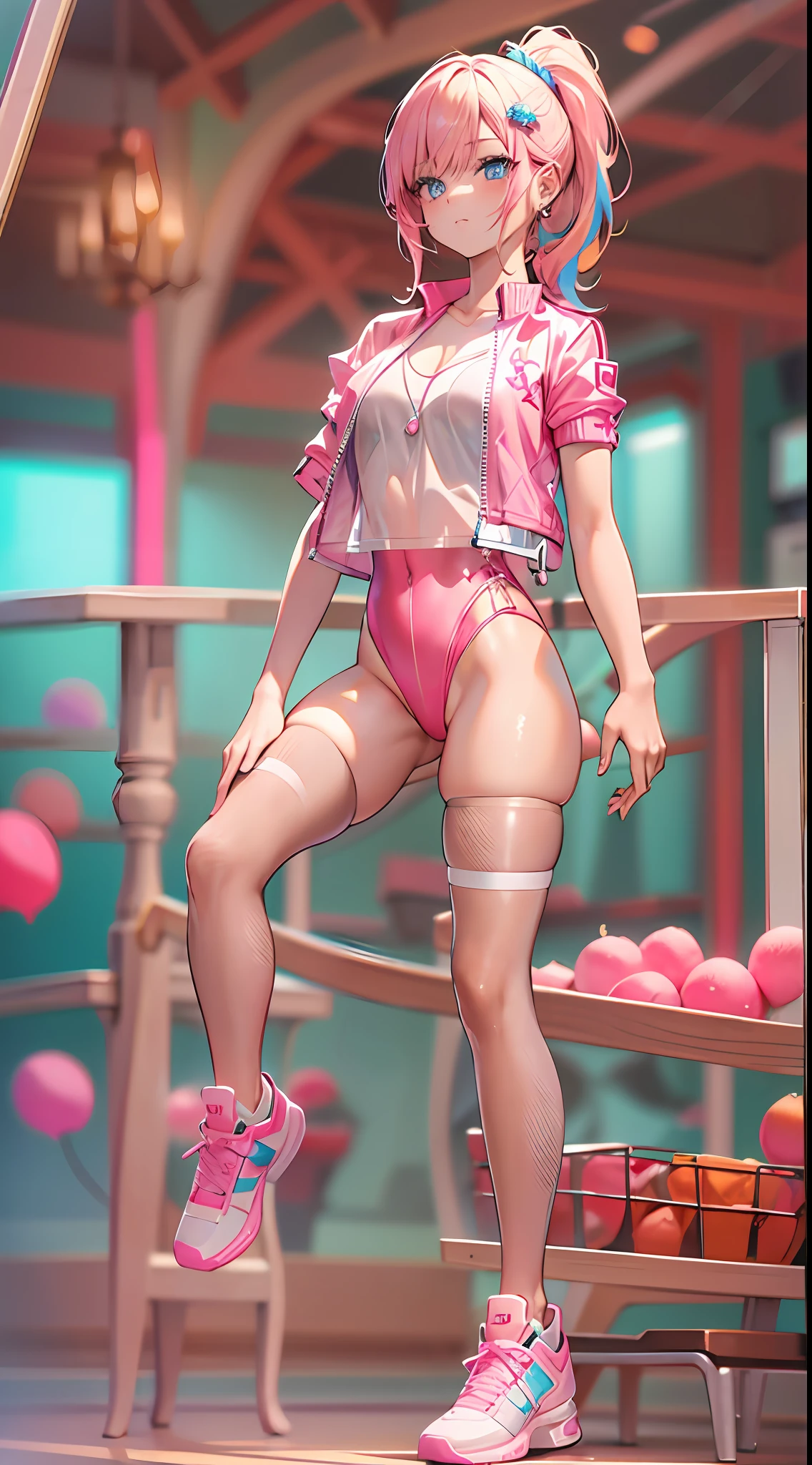 ((Masterpiece)), best quality, absurderes, ultra detailed, holographic, cowboy shot, dynamic pose, golden ratio, super cute girl, mature girl, Barbie girl, super beautiful girl with very beautiful blue eyes, beautiful glowing blonde multicolored hair, high ponytail, nice and sexy body, slim body, perfect body, wearing a super tight and pink leotard, a super aesthetic pink translucent mini jacket, beautiful pink hair ornament, pink jordan tennis, being photographed in a doll house