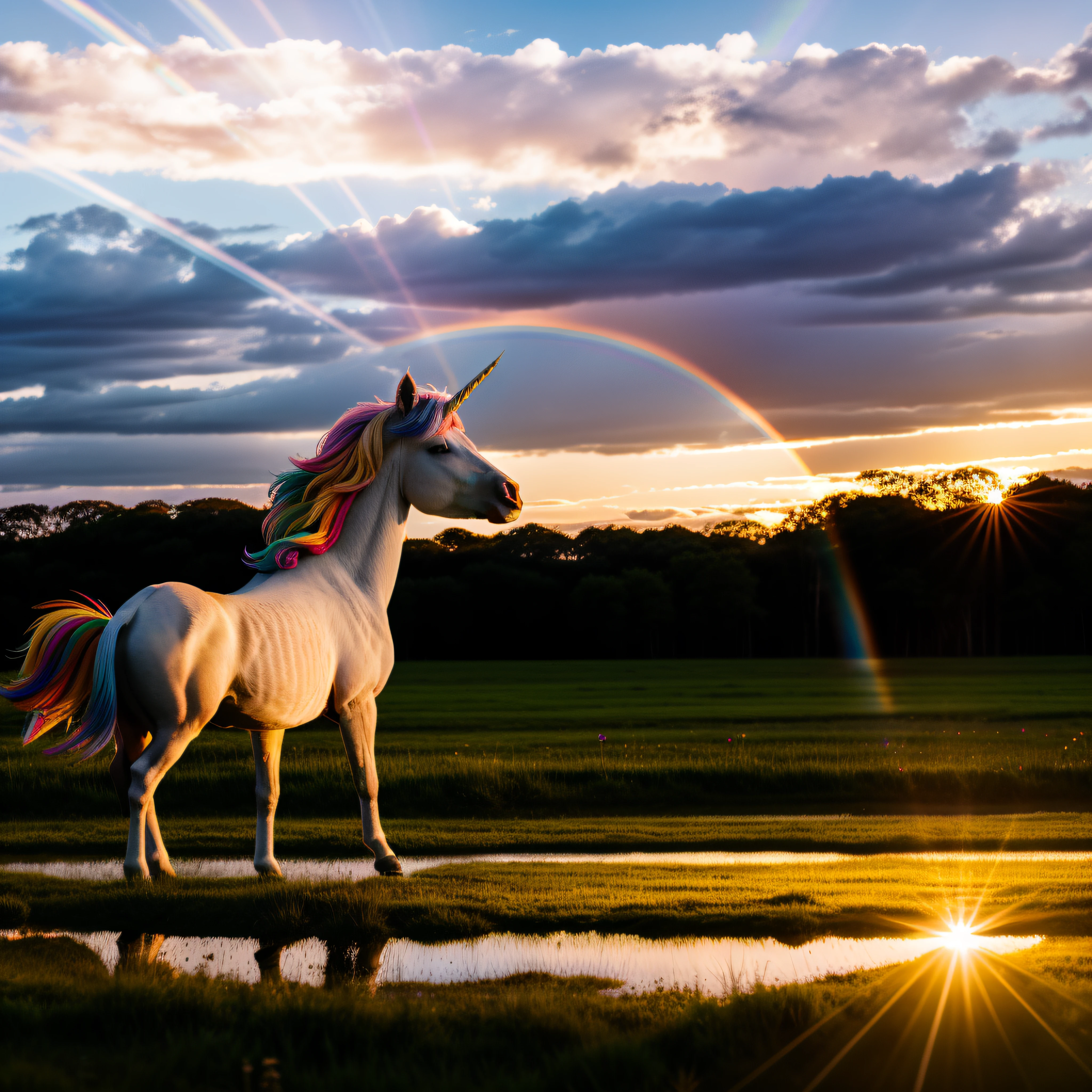 unicorn with multicolored mane in the meadow with a rainbow and a sunset, reflection light, Nikon, 35mm, Fujifilm, Fujicolor, god rays, lens flare, 8k, super detail, ccurate, best quality, award winning