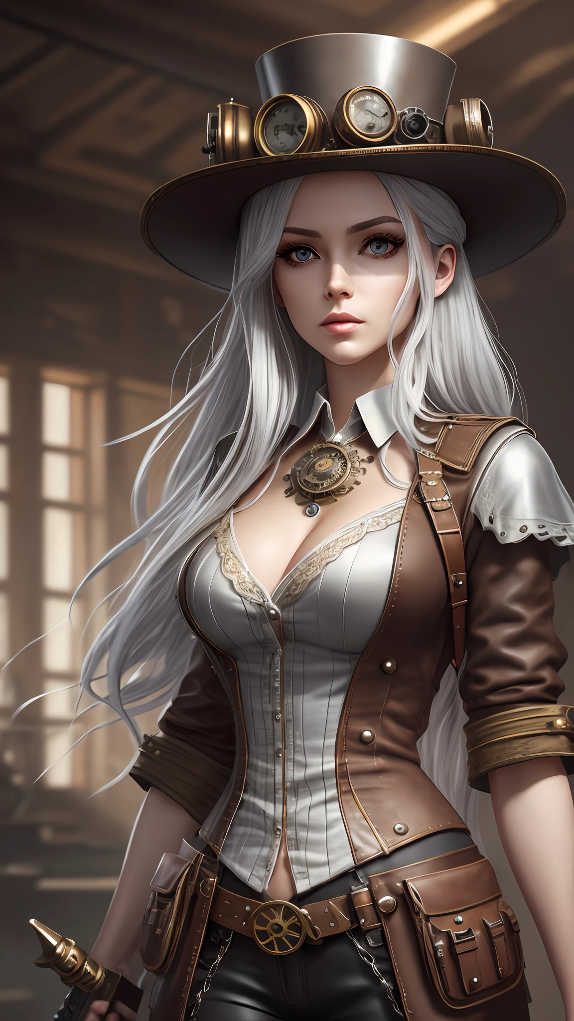 Very beautiful Steampunk lady, long silver hair, steampunk outfit and weapon, hyperrealism, photorealistic, 8k, unreal engine --auto --s2
