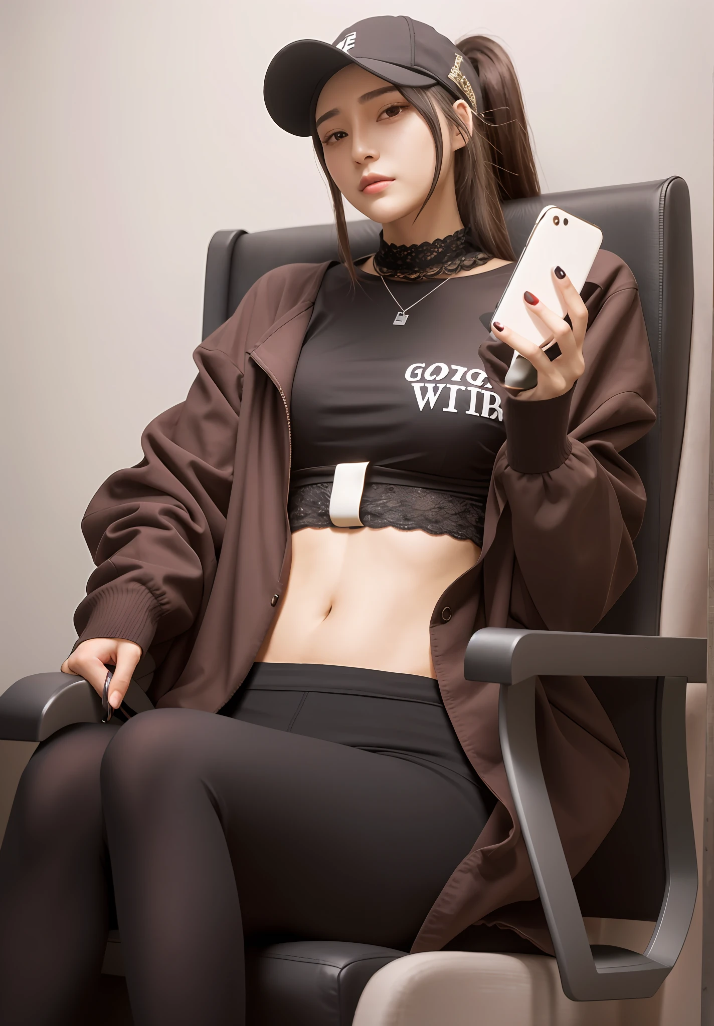 arafed woman sitting in a chair holding a cell phone, from girls frontline, delicate androgynous prince, her wardrobe is attractive, her belly button is exposed, female protagonist 👀 :8, beautiful androgynous prince, girls frontline style, (sfw) safe for work, revealing clothes, checking her phone, goddess checking her phone, as an anime character, realistic, ultra detail