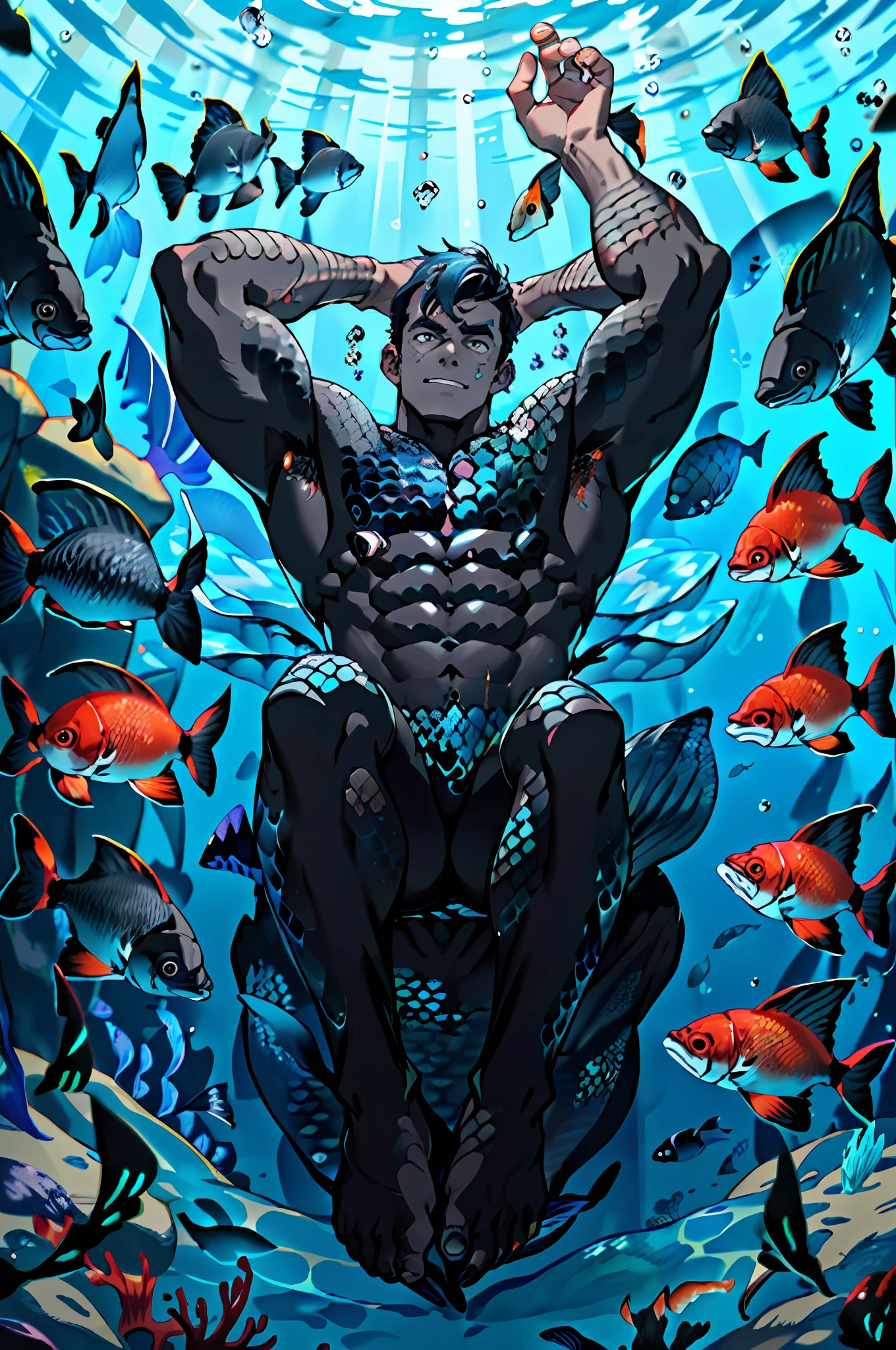 handsome man, on an obsidian beach with water covering lower body, lying on back and holding his own legs up, knees bent, muscular thigh. Top view , expression of ecstasy, fish scale skin, mermaid skin, (black fish scale skin:1.5), mermaid man with fish scales skin, mermaid man with fish scales on legs