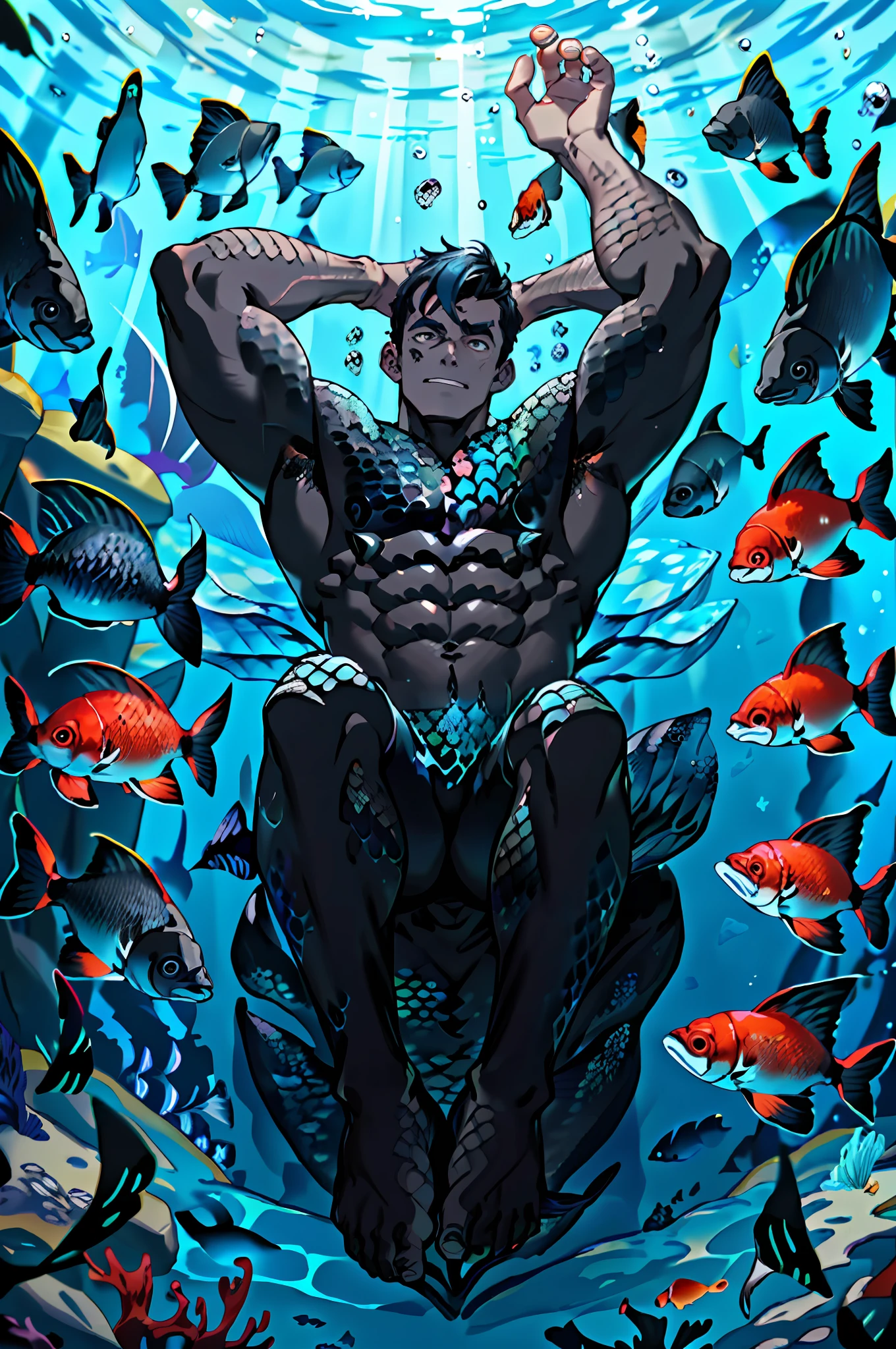 handsome man, on an obsidian beach with water covering lower body, lying on back and holding his own legs up, knees bent, muscular thigh. Top view , expression of ecstasy, fish scale skin, mermaid skin, (black fish scale skin:1.5), mermaid man with fish scales skin, mermaid man with fish scales on legs