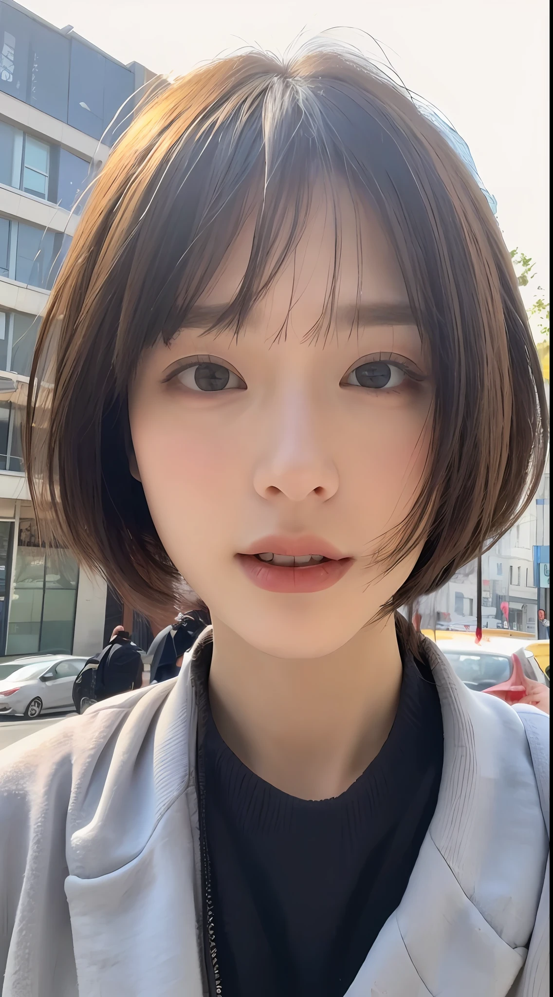((top-quality、8K、masterpiece:1.3))、Focus:1.2、Perfect Body Beauty:1.4、Street、Highly detailed facial and skin texture、Delicat eyes、二重まぶた、Whitened skin、shorth hair、bobhair、short-hair、bangss、With bangs