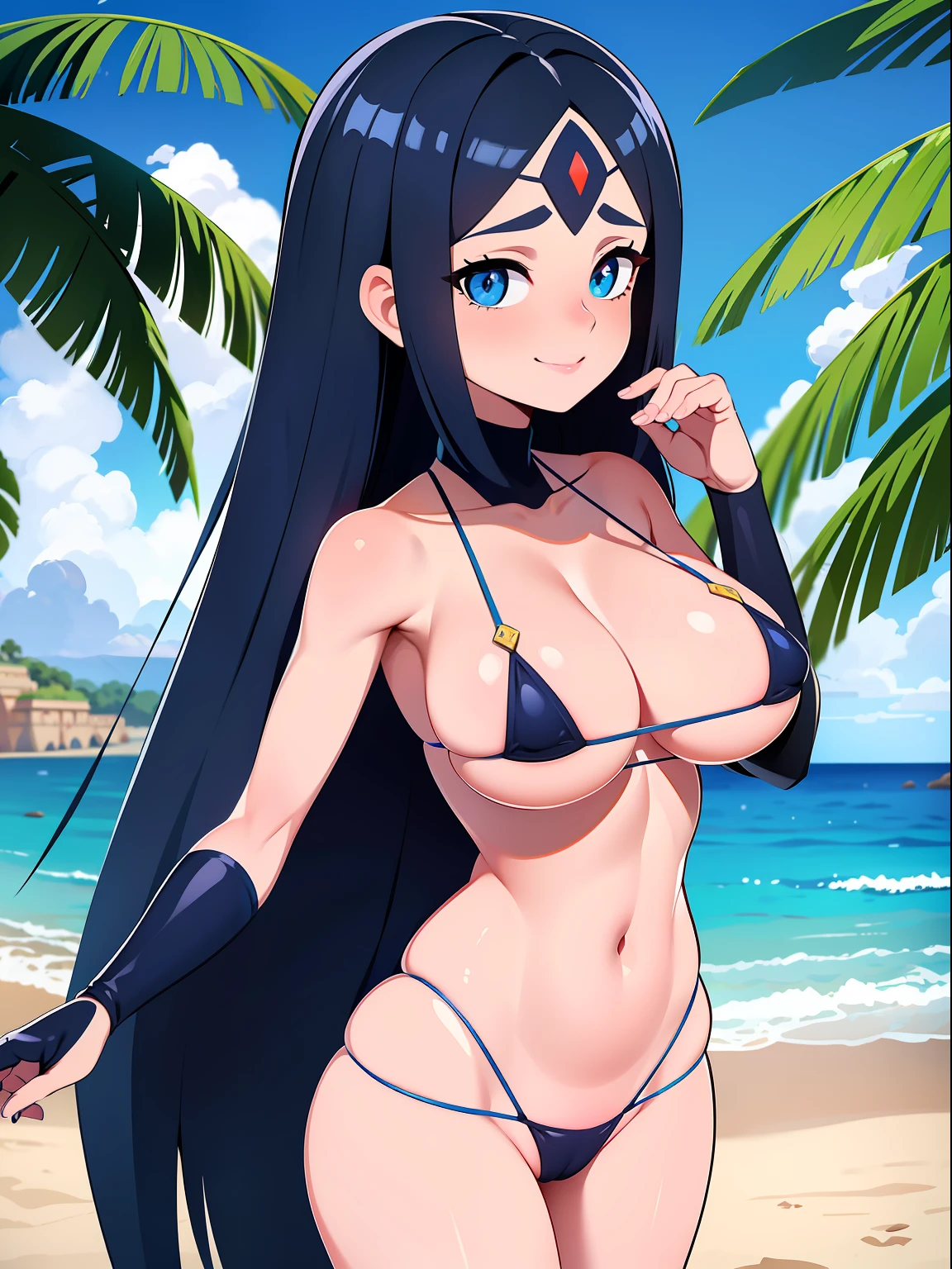 Mulher madura, blue skies, black wavy hair, blue eyes, espetacular, lewd smile, cena de corpo inteiro, micro bikini, roupas de bruxa, (Fundo detalhados: ancient ruins, beach), pele brilhante, rosto detalhado, olhos detalhados, anatomia perfeita, cameltoe, bichano a mostra, virilha inchada, dynamic pose, Approaching perfection, Dynamic, altamente detalhado, (rosto bonito e detalhado, belos olhos detalhados), de frente para o espectador, seductive expression,