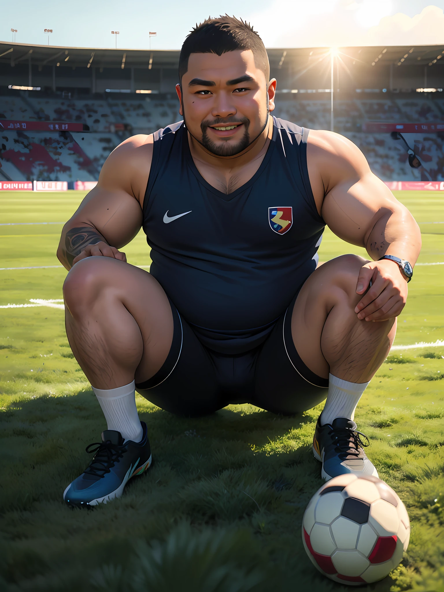 soccer court，play soccer，mongol，Korean men，chineseidol，red tank top，ssmile，Asian muscular chubby man，Fat，Strong，Jayrent，skinhead，Feet，soccer ball，Sports ，full bodyesbian，Sunny，grassy fields，big feet，whitestocking，perspired，Looking at the sky，evening light