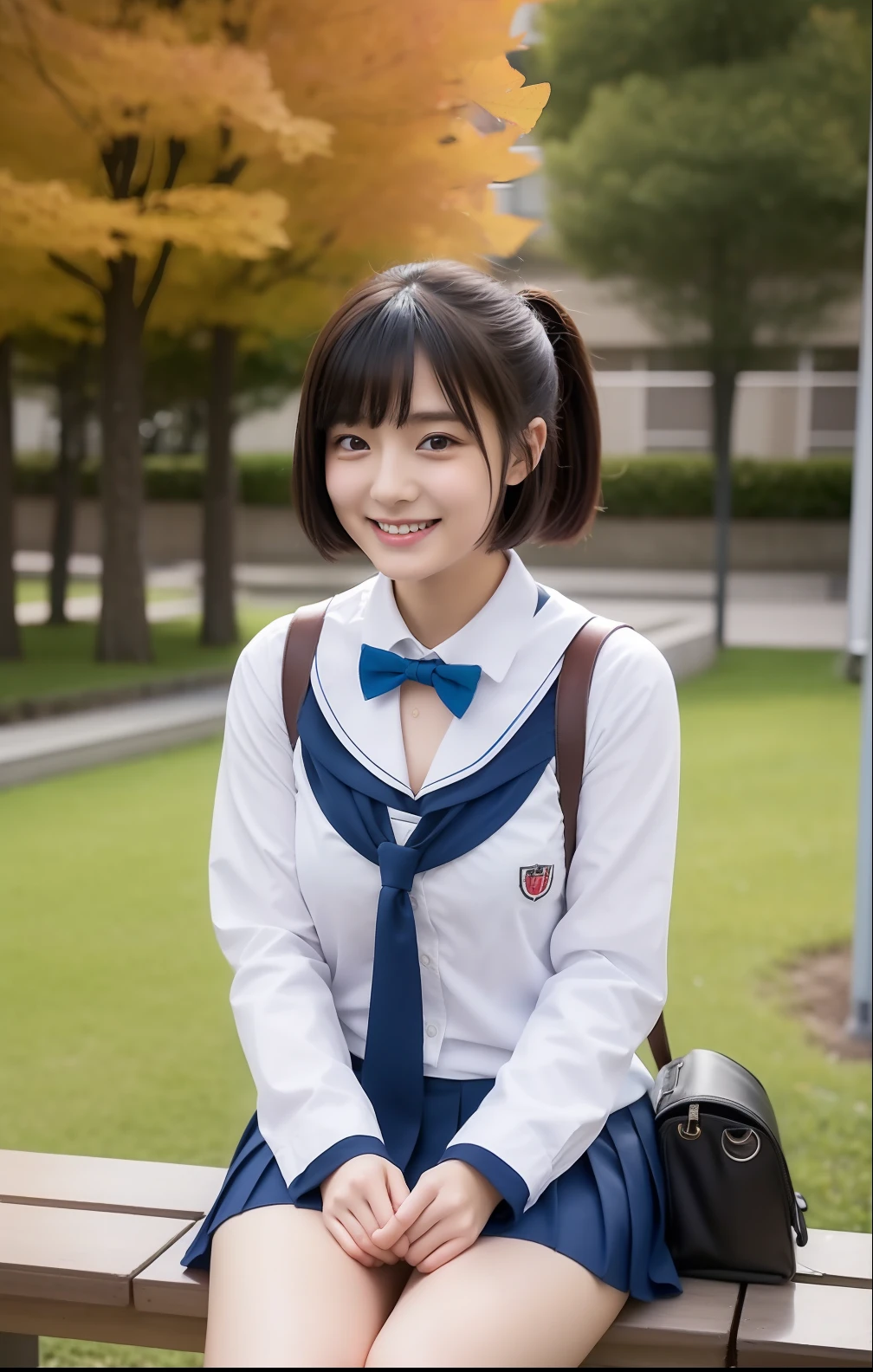 The season is autumn、Autumn School Building、1a person、(Top image quality:)、(reallistic)、(Photorealsitic)、The ultra -The high-definition、Short-cut hairstyles 、Women in Japan 、Short skirt and bow tie、Long sleeve uniform for autumn、1girll、Pants are a little visible from the miniskirt、Sitting on a bench、cute little、a smile、Beautiful details、full bodyesbian、student clothes、thighs thighs thighs thighs、Japanese student uniform、Long sleeved shirt to cleavage