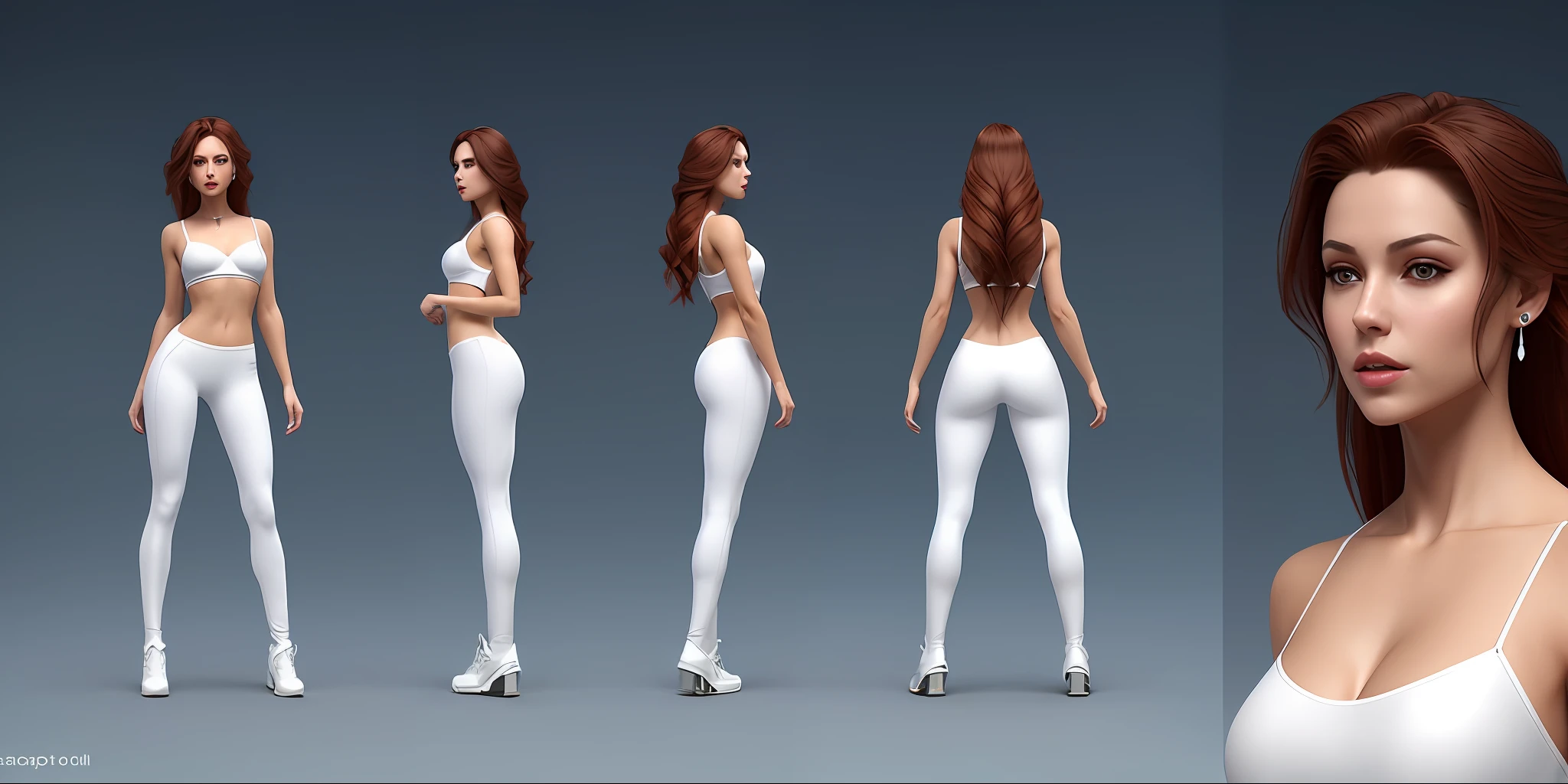 (character sheet of the same exact :1.4)(Gradient background:1.2), (simple studio background:1.2), reference sheet,(best quality, masterpiece), (realistic), photorealistic, RAW photo.no text(best quality:1.3, masterpiece:1.3), ultra high res, atmospheric perspective, detailed face, make up, pink lips, parted lips, shiny skin, (brown hair), very long hair, red eyes, earrings, medium breasts, slim body,(white silk) , physically-based rendering