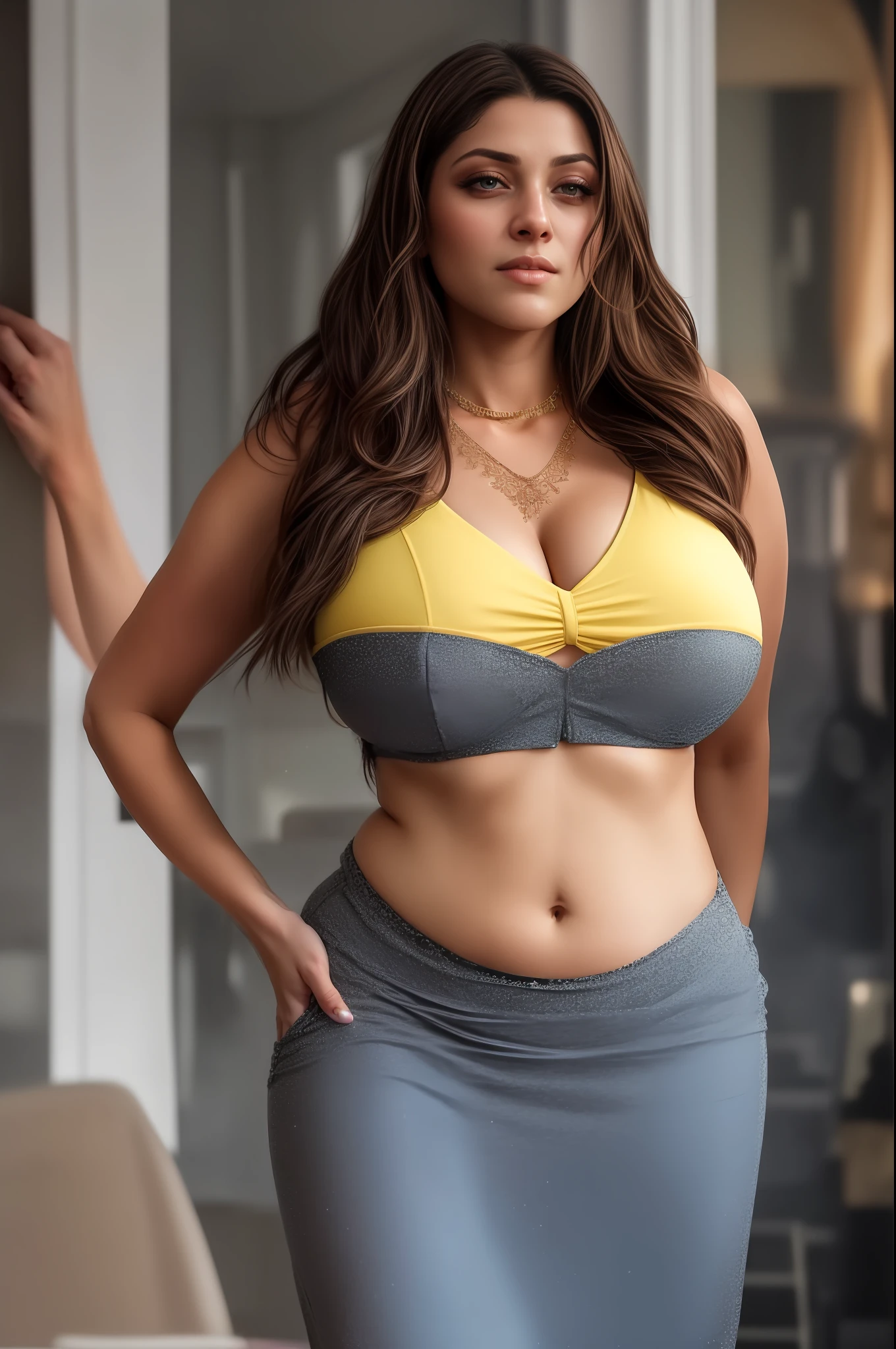 latina as prostitute worker, yellow saree, navel show, full body, curvy, voluptuous figure, massive cleavage, high ponytail, standing in a brothel, wide open legs, chin up, day scene, breasts visible show, 90% breasts popping out, necklace, hourglass figure, massive breasts, nipple visible, seductive face, look at camea, erotic adult face, 35 yo, soft volumetric lights, intricate details, (ArtStation:1.2)