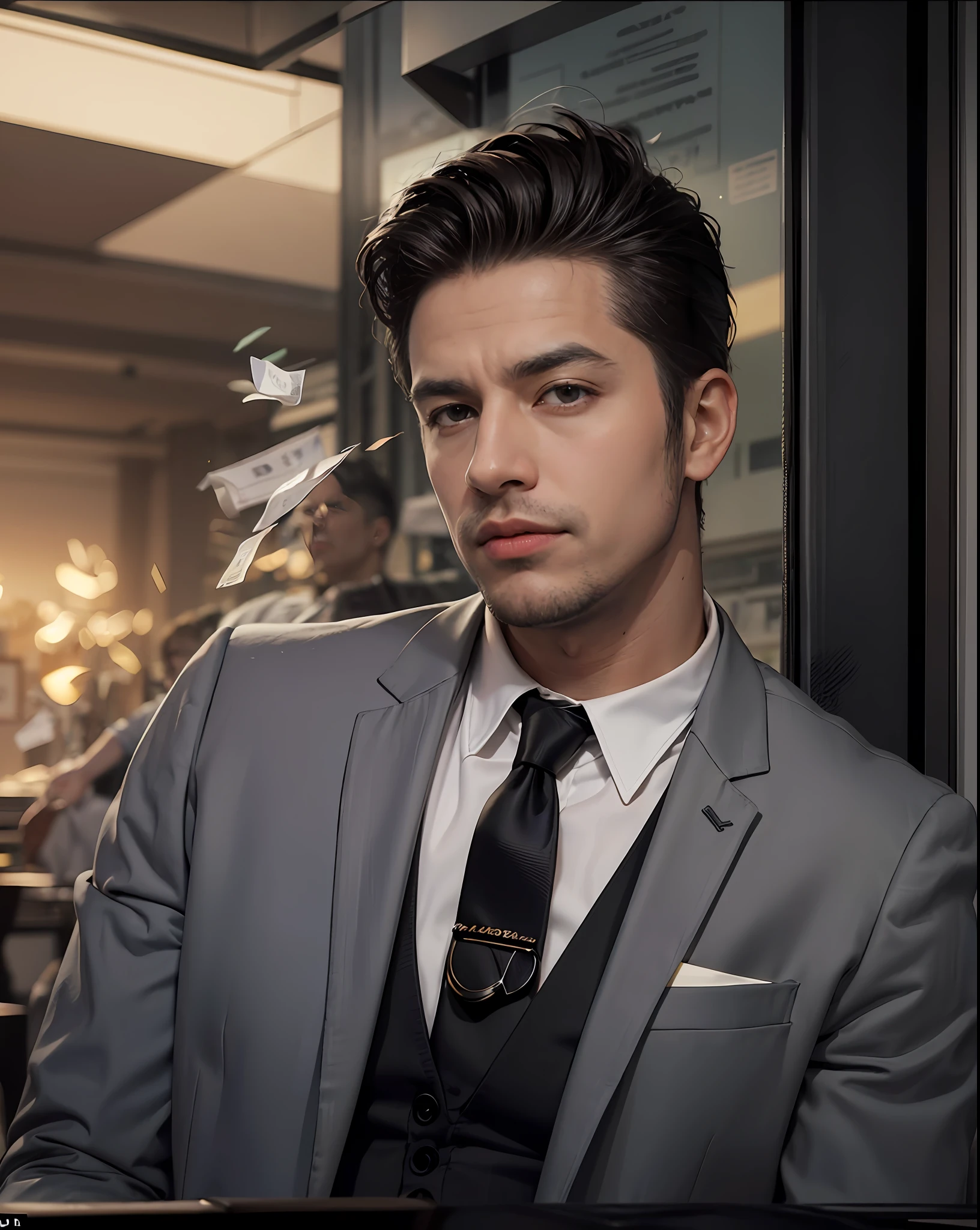 Character The tycoon, his figure is imposing and charismatic, his eyes are bright and shrewd, reflecting his entrepreneurial spirit.
Expression His eyes are gleaming with triumph and delight, reflecting his enjoyment of his financial success, and his lips are twisted in a smug, self-assured smirk.
Outfit He is dressed in a sharp, fitted grey suit, a white shirt, and a striped tie. His platinum cufflinks, glossy black shoes, and an expensive watch reveal his taste for luxury. His hair is impeccably styled, enhancing his powerful persona.
Action He is seen extravagantly tossing a stack of banknotes into the air, his posture relaxed, his body language screaming of his wealth.
Foreground The foreground features a cloud of banknotes fluttering in the air, an extravagant leather briefcase opened to reveal more stacks of money, and a crystal glass filled with aged whiskey.
Background The backdrop is a luxurious office with a panoramic view of the city through the glass wall, walls hung with abstract paintings, and a modern desk equipped with the latest technology.