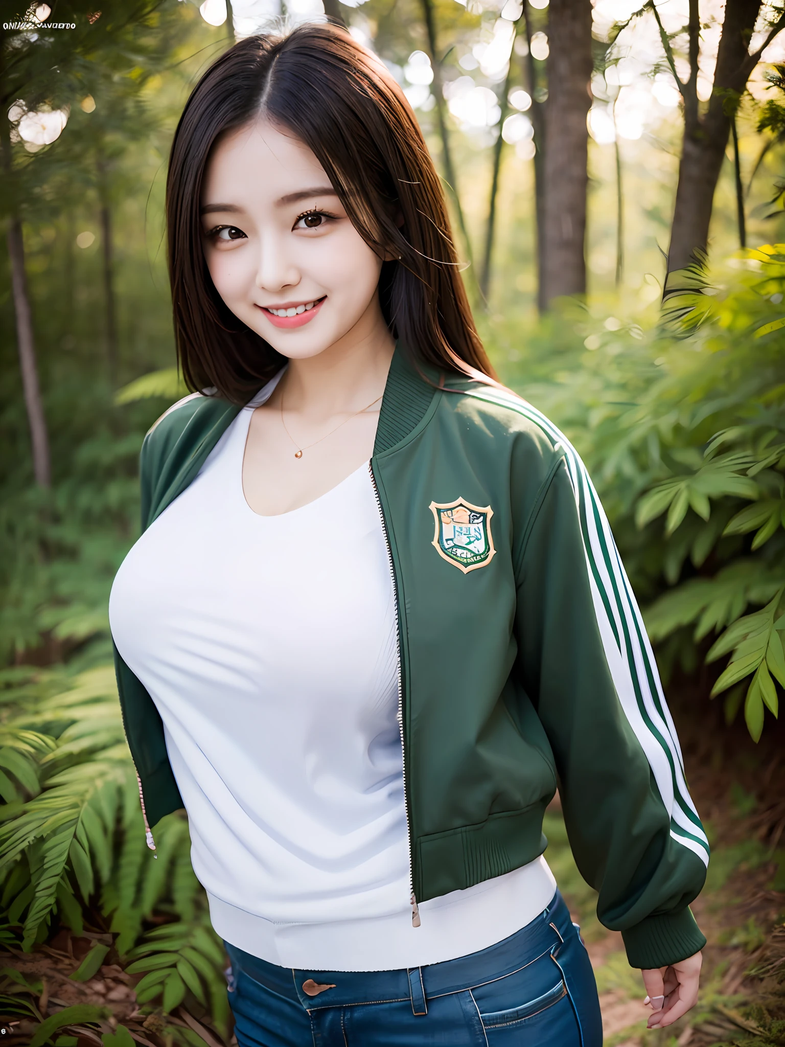(masterpiece), best quality, expressive eyes, perfect face, very realistic, very detailed, (8K), japanese chubby women, with long hair, smile widely, (wearing varsity jacket), wearing t-shirt, with big breasts, (wearing hotpants), forest background