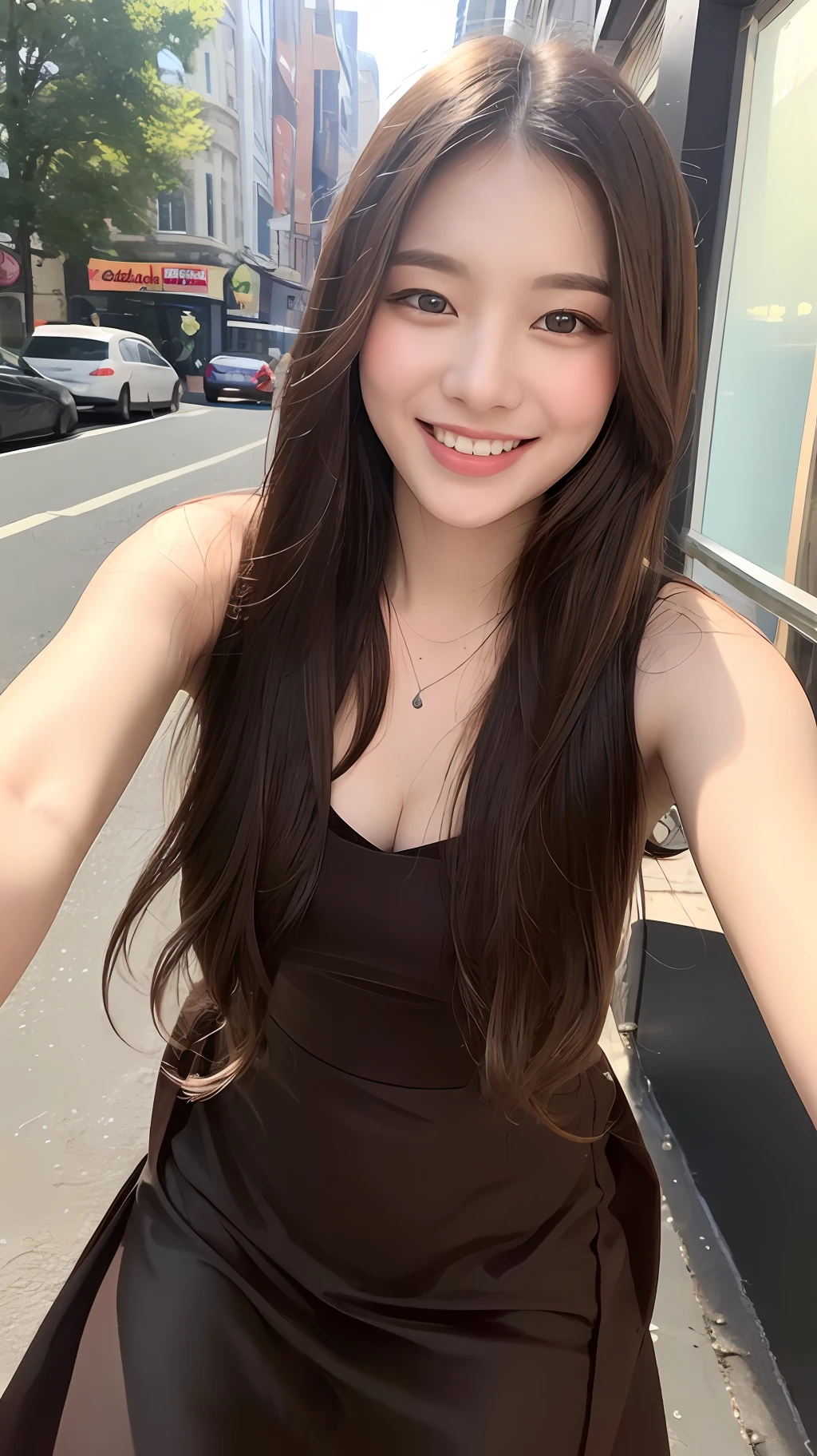 ((Best quality, 8k, Masterpiece :1.3)), 1girl, smiling, full body, slim face, Pretty woman, (Dark brown hair), full length dress :1.1, Ultra-detailed face, Detailed eyes, Double eyelid, blur background, slim face, city, outside, street,