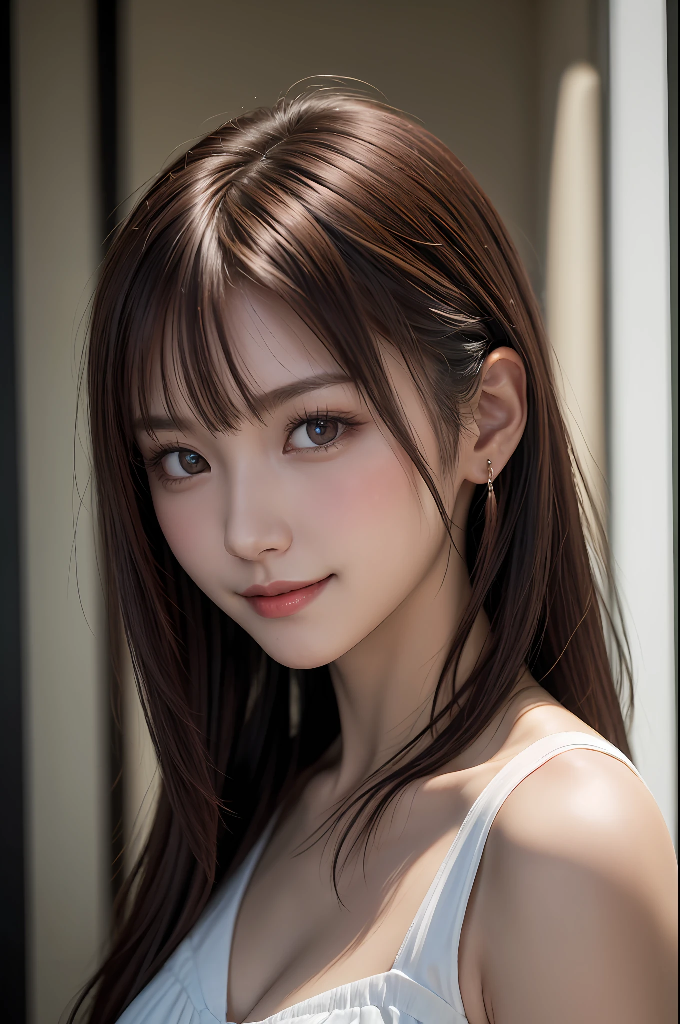 White see-through blouse,Face Interview, (Photo Real:1.4), (hyper realisitic:1.4), (realisitic:1.3), (Smooth lighting:1.05), (Improve video lighting quality:0.9), 1womanl, a 20 yo woman, Realistic lighting, Back lighting, Facial light, raytrace, (cheerfulness:1.2), (Improved image quality:1.4), (Finest Real Textured Skins), finely eye, a small face, Red teak,eyeshadows, A slender, medium breasts,Pointed jaws, Korean Idol, Nogizaka Idol, glowy skin, hposing Gravure Idol, P, Blunt bangs, light brown hair, hair behind ear, hair over shoulder, Long hair,Tear bag,Summer coast、