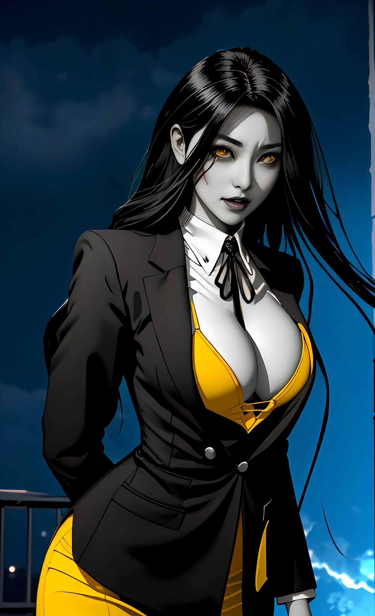 (beste-Qualit), (tmasterpiece), (Gloomy color scheme:1.5), ((Close-up of a girl in a suit)), 1girl in costume, androgynous vampire, junji ito 4 k, with long dark hair, ito junji art, style of junji ito, Dark Costume, portrait of sadako of the ring, Gentle androgynous princess , Beautiful androgynous princess , with her long black hair, girl in suit, stocklings, (big yellow eyes:1.3), fangs, detailing, (generous cleavage), Burst breasts, extra high resolution, 8K, (The blood on her lips runs down her neck), (Lovely Medium Breasts), perfect anatomy, (Gloomy color scheme:1.5), (shapely body), Microthongs, Beautiful slender legs, sexypose, (Hands Behind Your Back:1.2), (Looking down), (The gaze is directed downwards), (Night Sky Background: Red Moon)