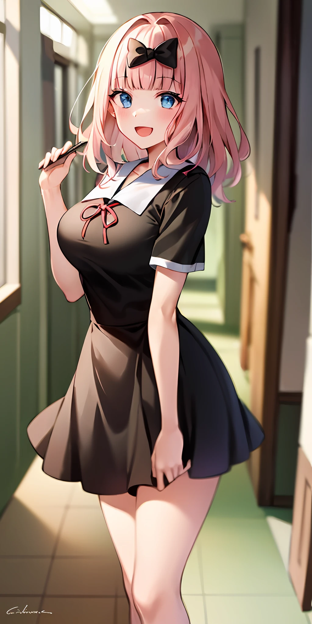 2d, masterpiece, best quality, anime, highly detailed, cowboy shot, 1girl, solo, fujiwara chika, blue eyes, pink hair, hair bow, black bow, school uniform, summer uniform, large breasts, standing, indoors, hallway, :d
