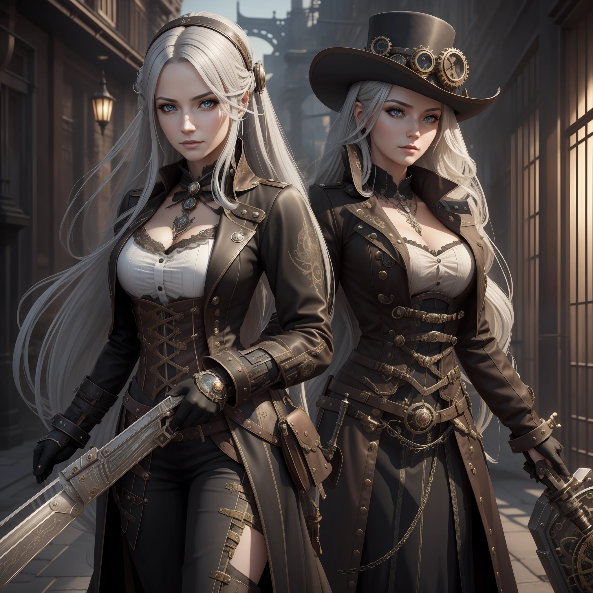 Very beautiful Steampunk lady, long silver hair, steampunk outfit and weapon, hyperrealism, photorealistic, 8k, unreal engine --ar 9:16 --niji 5 --style expressive --s 400