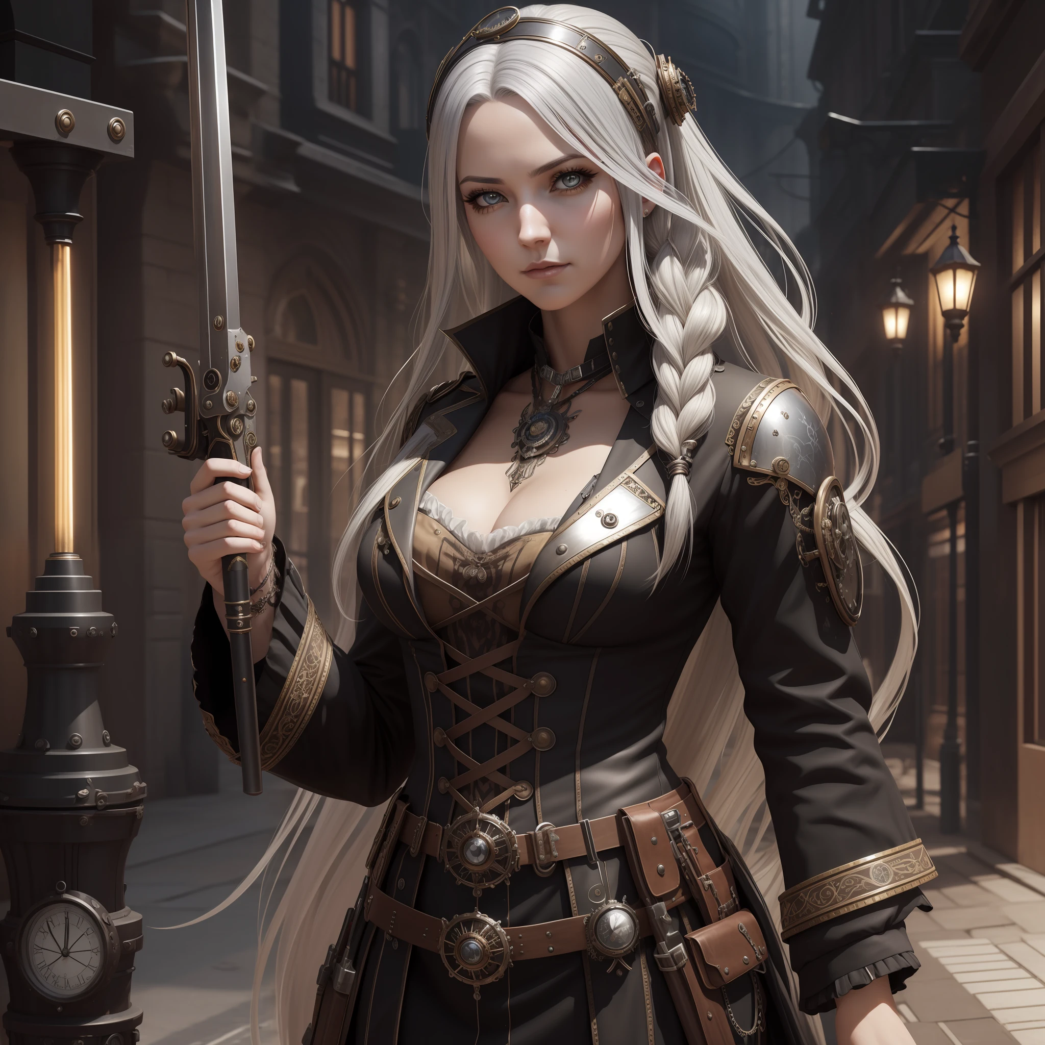 Very beautiful Steampunk lady, long silver hair, steampunk outfit and weapon, hyperrealism, photorealistic, 8k, unreal engine --ar 9:16 --niji 5 --style expressive --s 400