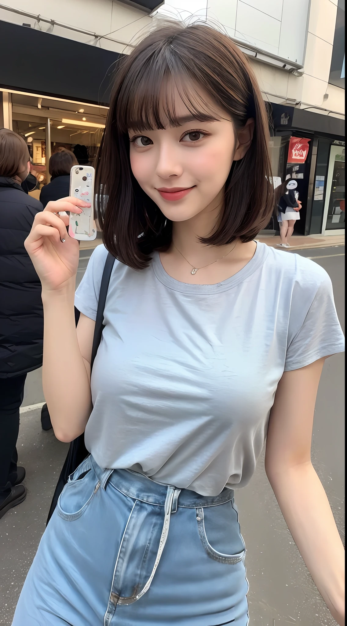(8k、RAW Photography、top-quality、masuter piece:1.2)、ultra-detailliert、ultra res、(realisitic、rialistic photo:1.37)、portlate、high-definition RAW color photography、Professional Photography、highly detailed and beautiful、ighly detailed、8K wallpapers、amazing detailed、huge filesize、Official Art、Highly detailed CG Unity 8k wallpapers、highly detailed beautiful girl、extra detailed face、extremely detailed eye、highlydetailed skin、extremely detailed fingers、highly detailed nose、very detailed detailed mouth、Perfect Anatomy、highly detailed back ground、Highly detailed clothing、女の子 1 人、(18:1.2)、Teen、Cute little girl s、famous Japan idol、cute little、Realistic body、小柄、de pele branca、glistning skin、Slim body、handsome body、brown haired、Short constricted curly hair、(Blunt bangs:1.2)、a smile、kawaii、zora々Right、kawaii faces、lifelike face、Delicat eyes、Sauce order、White T-shirt、skirt by the、耳Nipple Ring、Looking at the camera、cowboy shot、front facing、Standing、Contrapo, high street, public, 动态照明,short-hair、shorth hair