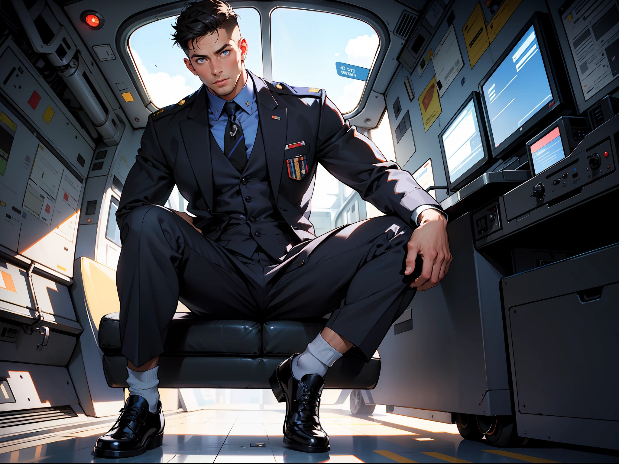 masterpiece, best quality, face, natural eyes, 1man, big feet, black socks, full body, (in suits), large bulge, long legs, looking at viewer, 30 years old, muscled and mature, pilot, pilot in uniform, short haircut, blue eyes,
