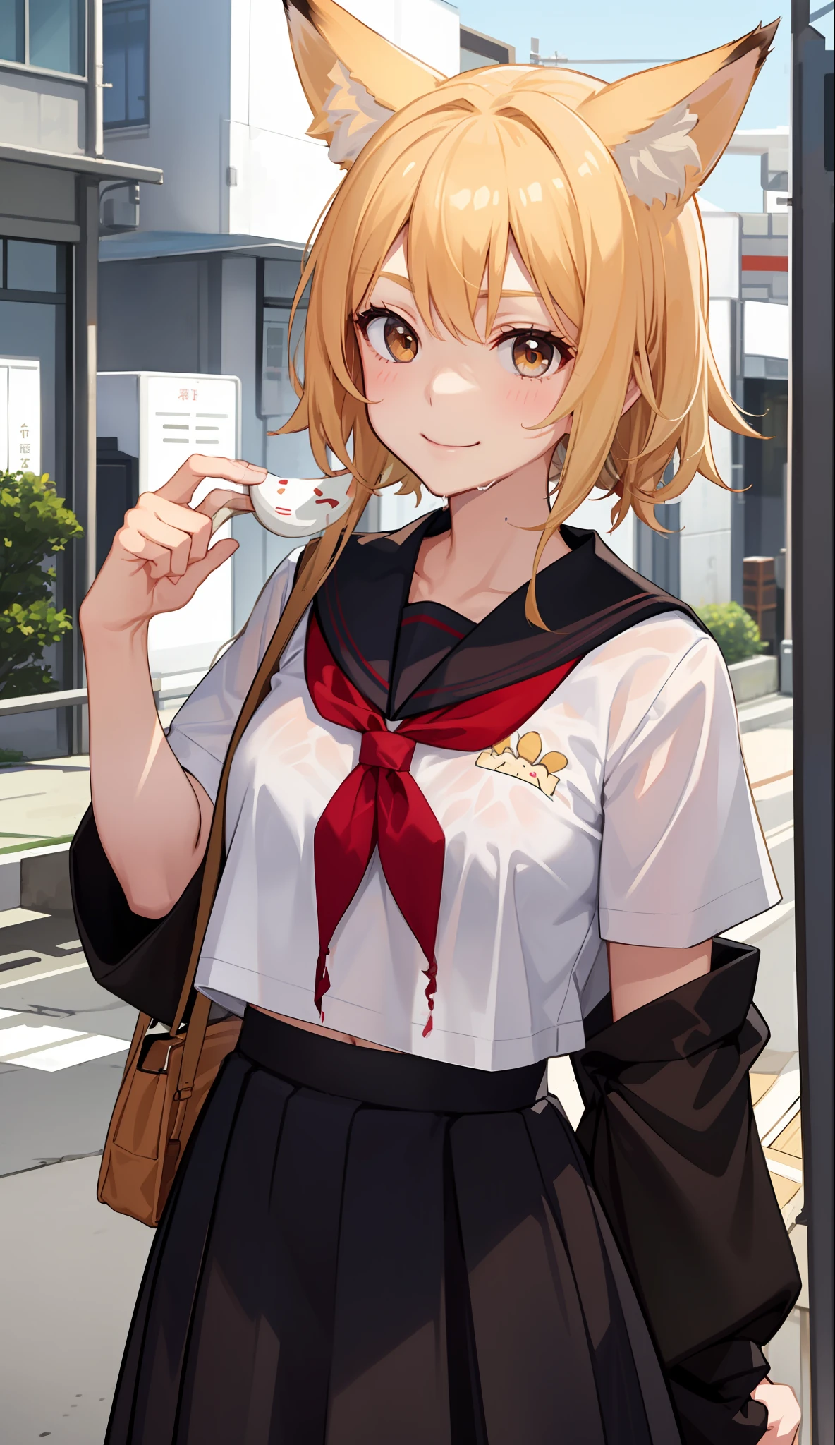 1girl in、A smile、The shirt、skirt by the、(small tits)Chilarism、Japan High School Student Uniform、serafuku、summer clothing、Squall Drenched Uniform、show brassiere、Fox ears、Blonde hair、(Upper body portrait)、