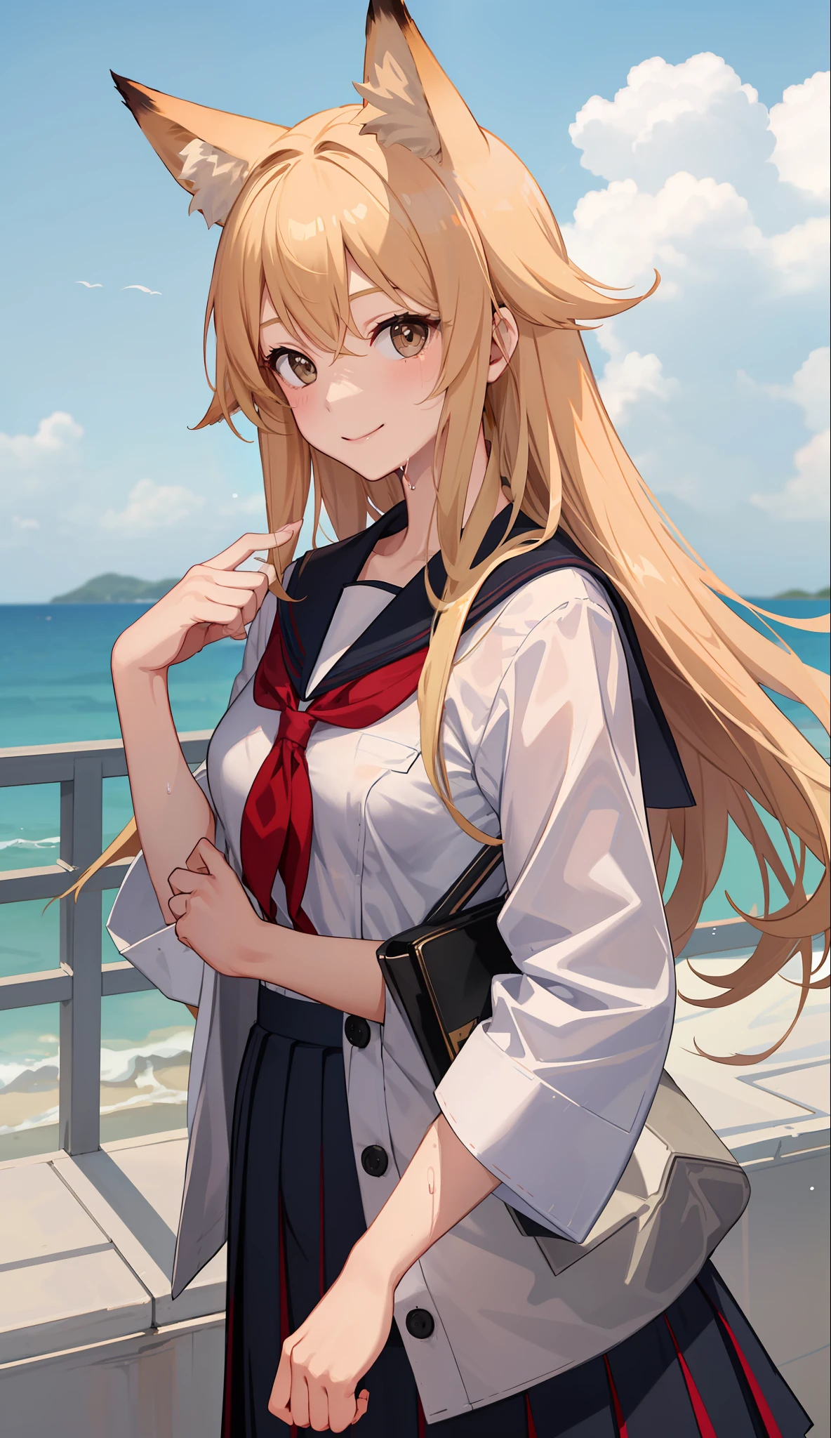 1girl in、A smile、The shirt、skirt by the、(small tits)Chilarism、Japan High School Student Uniform、serafuku、summer clothing、Squall Drenched Uniform、show brassiere、Fox ears、Blonde hair、(Upper body portrait)、