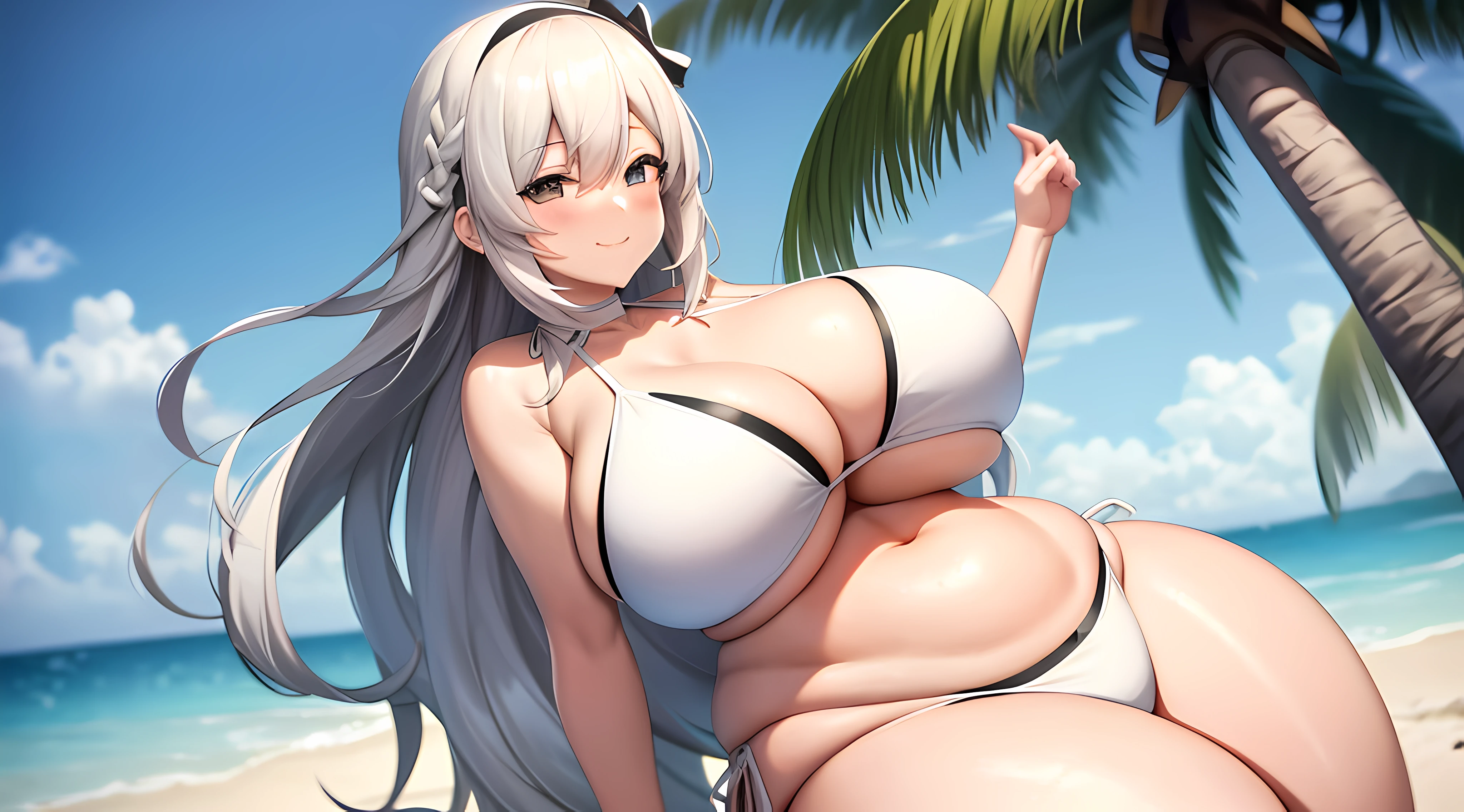 1 girl,solo,(uzakitsuki:1.1),(white side-tie bikini:1.3),(wide hips:1.4),(huge thighs:1.4),(thick thighs:1.4),from above, beach,palm trees,white thigh highs,smile, gigantic breasts,