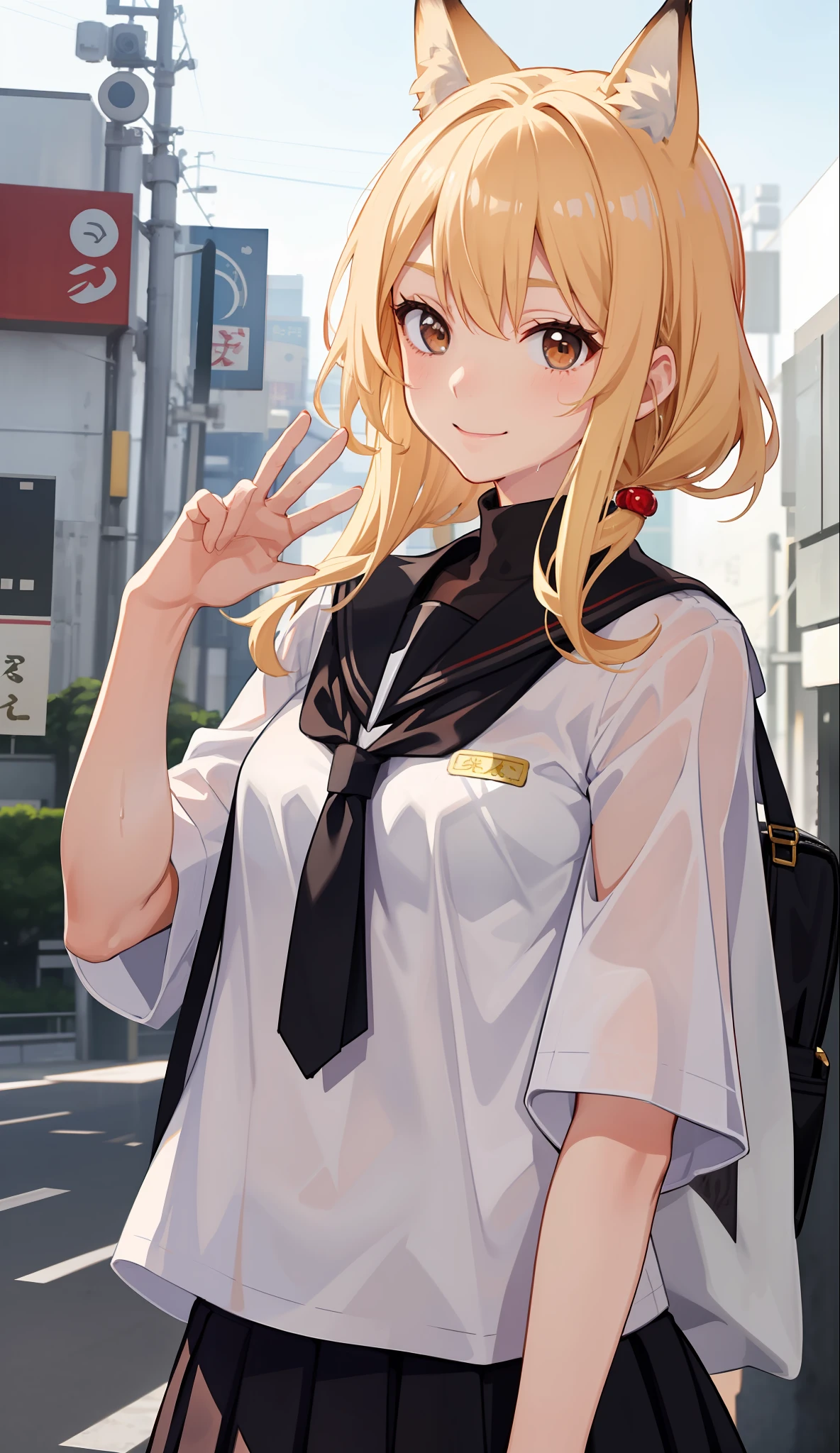 1girl in、A smile、The shirt、skirt by the、(small tits)Chilarism、Japan High School Student Uniform、serafuku、summer clothing、Squall Drenched Uniform、show brassiere、Fox ears、Blonde hair、(Upper body portrait)、