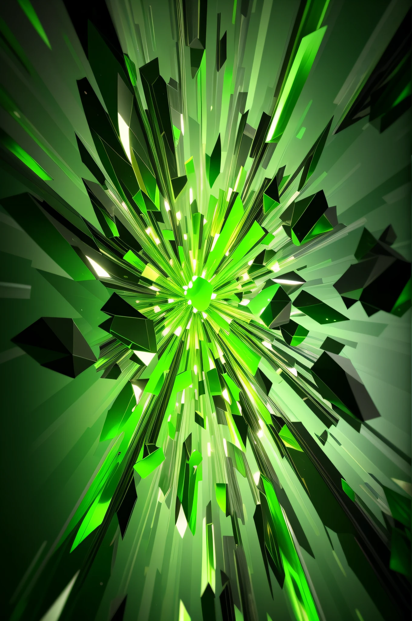 Green glass explosion close-up,Digital art inspired by green art, untidy,Deviant-art, Digital art, Green crystal, glass breaking, glowing green crystals, made of crystalized synapse, Explosion in the background, thin green glassy crystal shards, Vivid cullet, explosion background, explosion of data fragments, green aura