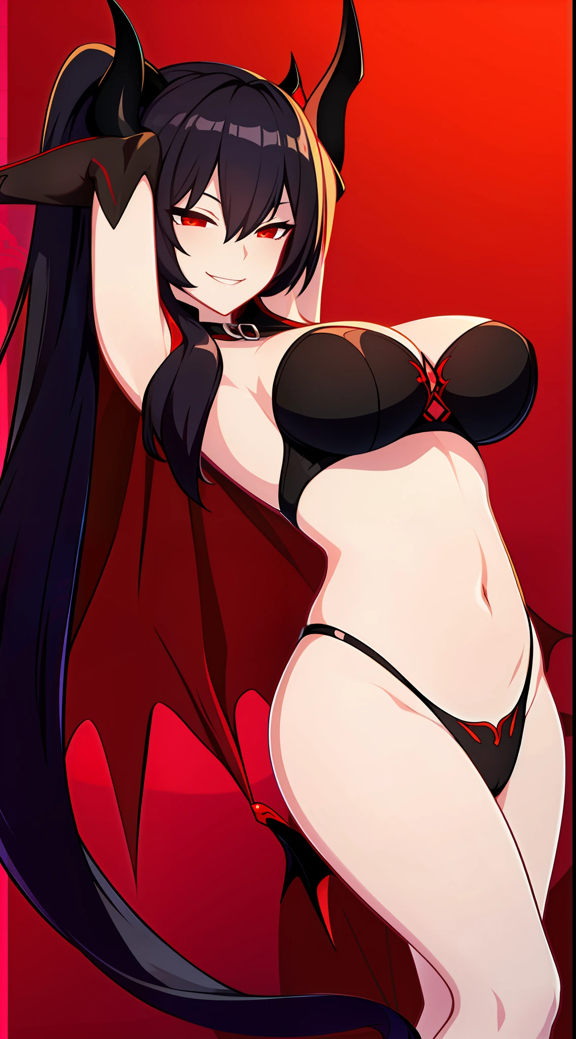 Young black girl, Long black hair, Two ponytails, red eyes, elf ears, horns demon, succubus, open belly, open breasts, smirk, lust, Masterpiece, hiquality