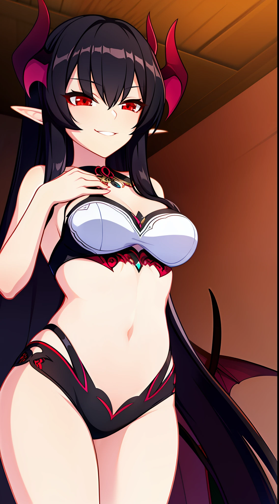 Young black girl, Long black hair, Two ponytails, red eyes, elf ears, horns demon, succubus, open belly, open breasts, smirk, lust, Masterpiece, hiquality