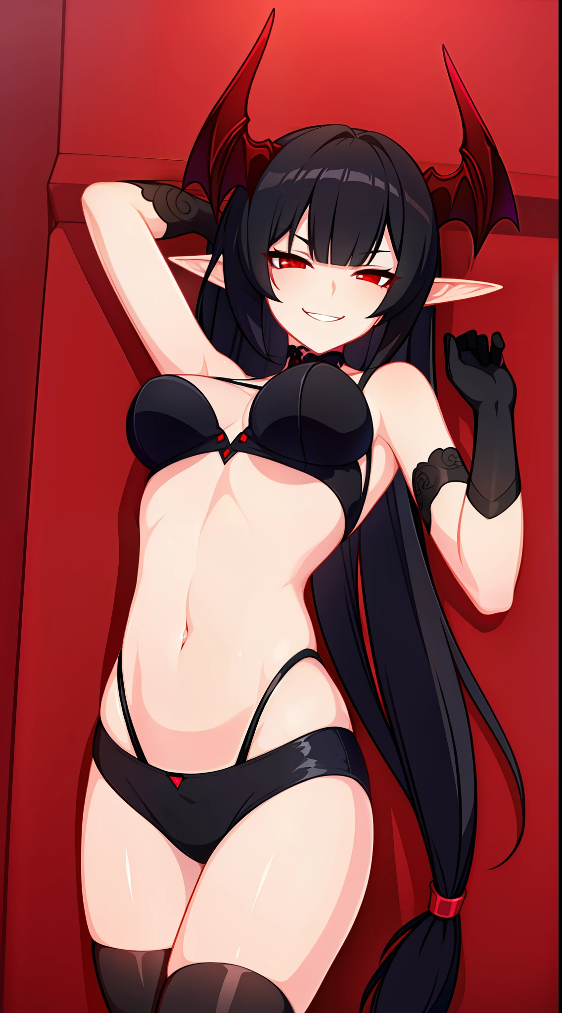 Young black girl, Long black hair, Two ponytails, red eyes, elf ears, horns demon, succubus, open belly, open breasts, smirk, lust, Masterpiece, hiquality
