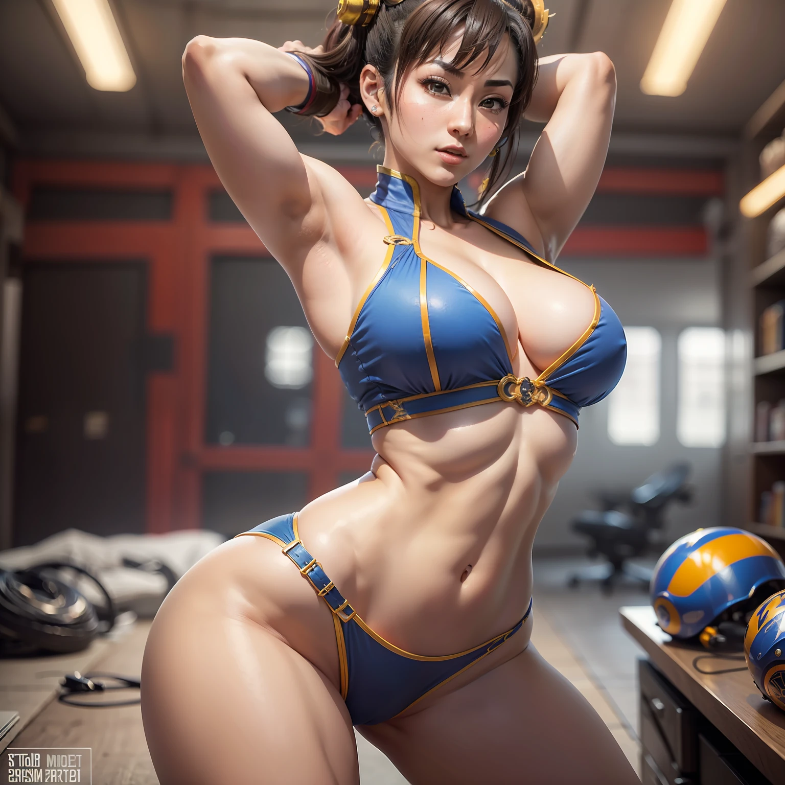 ((chun li))from street fighter, sexy, tetas grandes, busto perfecto enorme ,((muslos grandes y torneados)),perfect ass, lleva su ropa ajustada,(( en el fondo se puede ver un pista aerea militar)) ,8k, hiperrealista, todo parece un renderizado de motor irreal ((vista de cuerpo completo)