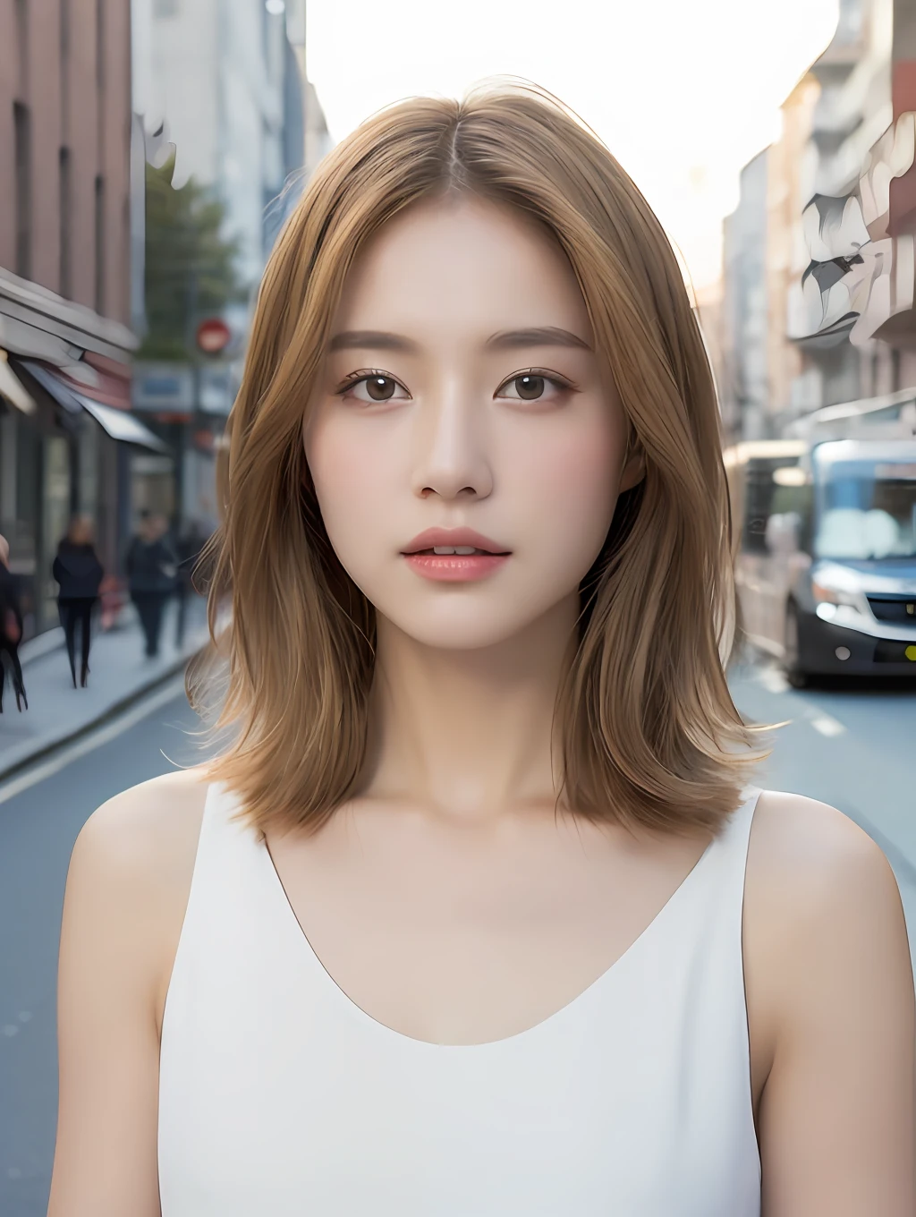 ((top-quality、8K、masterpiece:1.3))、focus:1.2、Perfect Body Beauty:1.4、Street、Highly detailed facial and skin texture、Delicat eyes、二重まぶた、Whitened skin、shorth hair