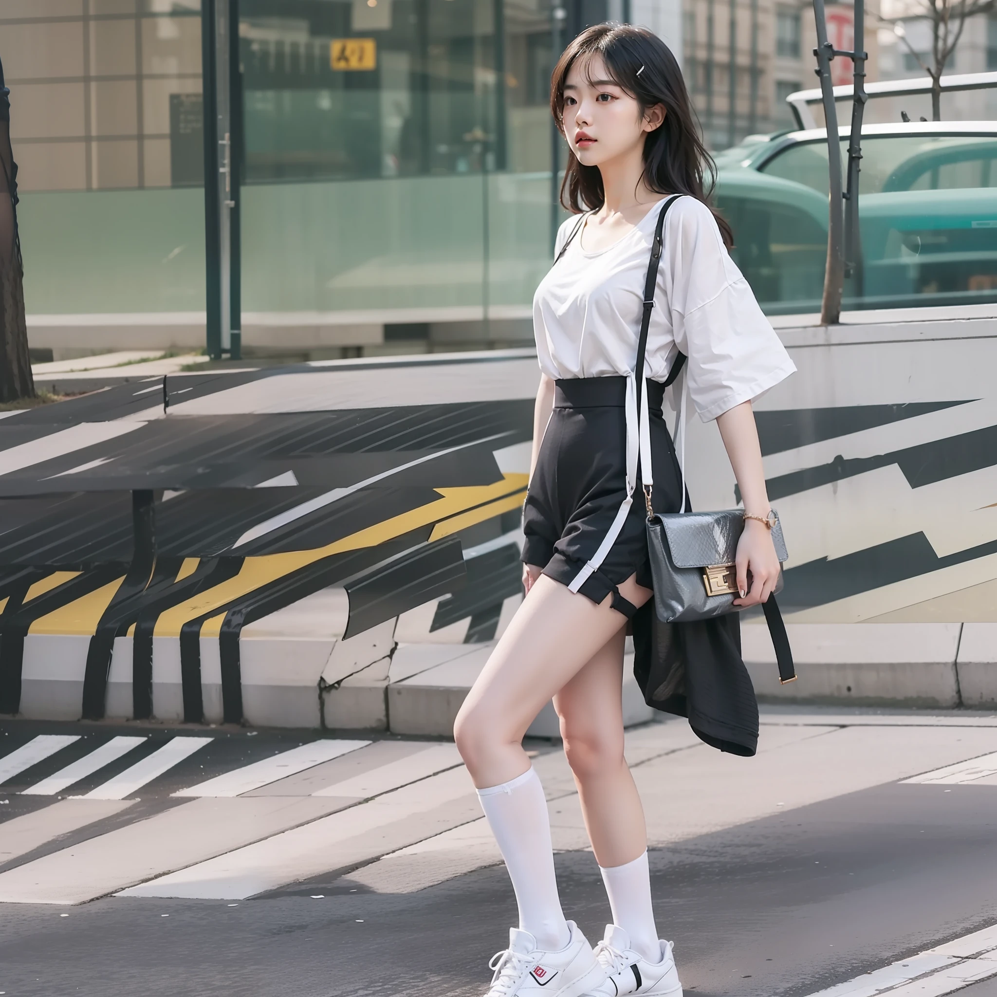 a Korean girl,White suspender top(exposed navels)Ultra shorts(Full body appearance)Black tights(shiny)White sneakers,best qualityer,(Bigchest)Natural light,On the streets,Fine details,4k,8k,