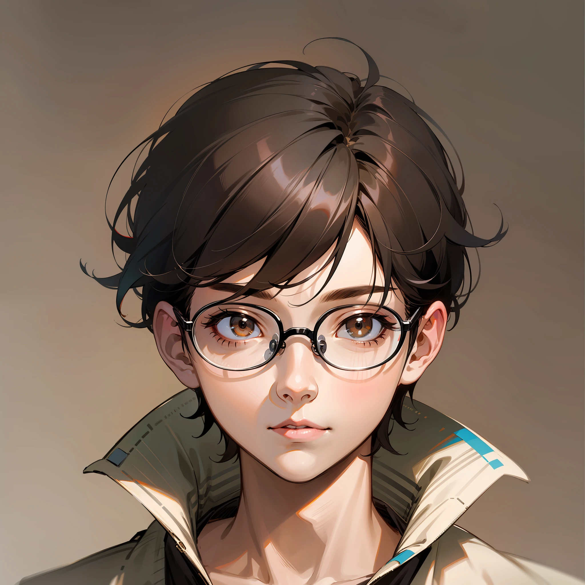 Boy , glasses, black hair, brown eyes, potrait, simple background
