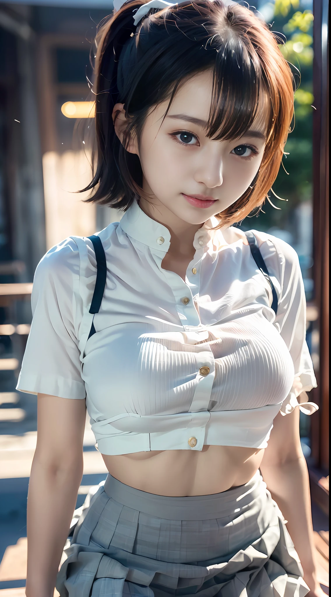 best qualtiy、​masterpiece、extremely delicate and beautiful、A highly detailed、unification、astonishing、exquisitedetails、Highly detailed CG Unity 8K wallpapers、detailed girl、extremely detailed eye and face、Beautiful sharp eyes、(Plain whiteＴWear a short pleated skirt on a shirt:1.5)、huge tit、Left shoulder bag、( 1 人:2.0)