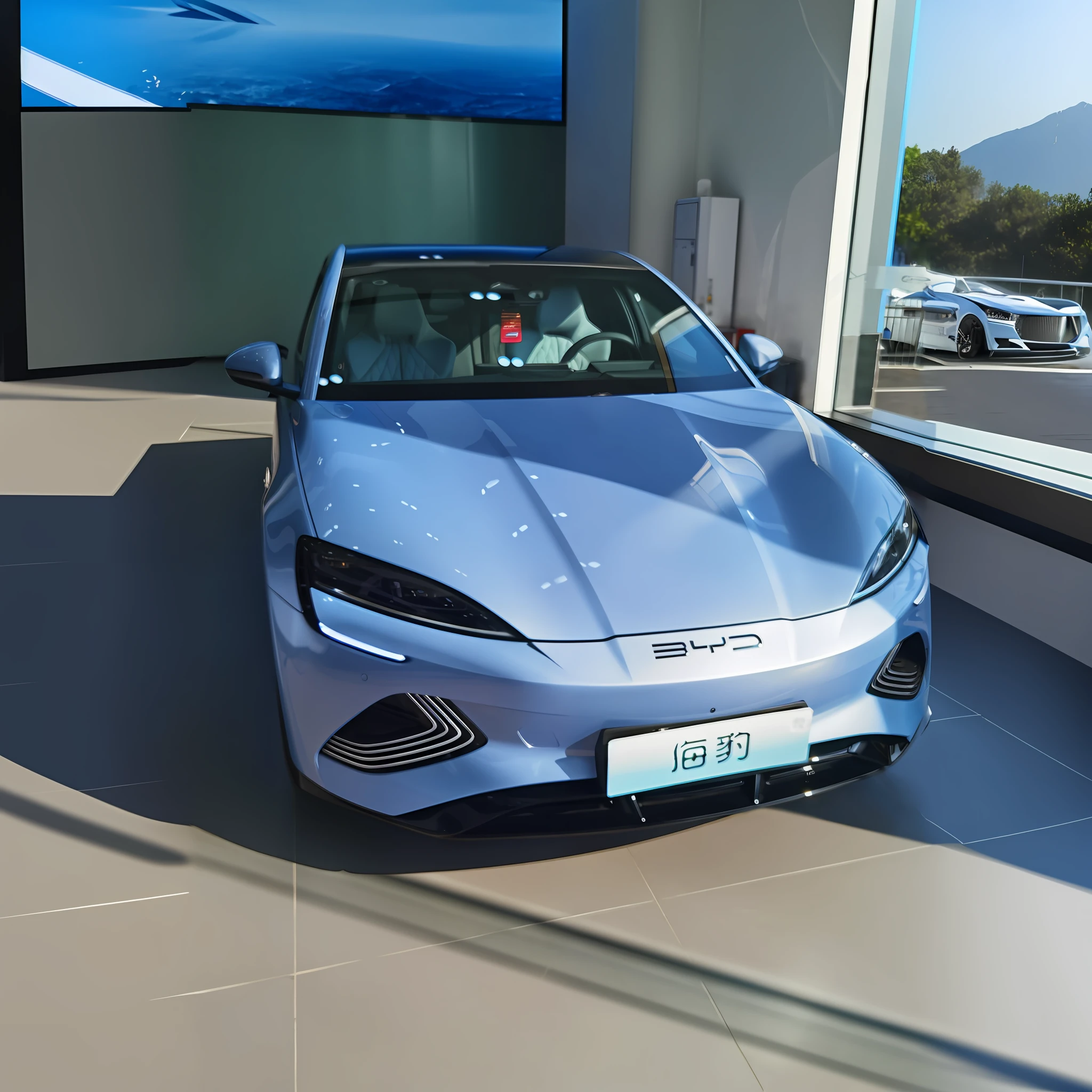 The Allafard blue sports car is parked in a showroom with a large screen, Wang Chen, nanquan, 2 0 1 9, 2019, zun, haval f 7, Chiba Yuda, shaxi, jinyiwei, new vehicle, front of car angle, zmonzheng